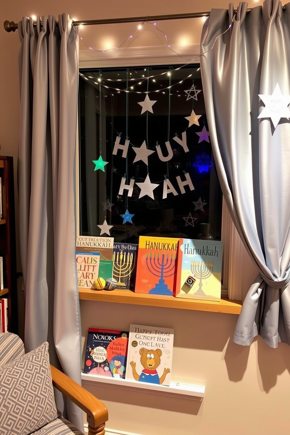 A cozy reading nook featuring a collection of Hanukkah books displayed on a wooden shelf. The shelf is adorned with decorative menorahs and dreidels, creating a festive atmosphere. A beautifully decorated window showcasing Hanukkah-themed decorations. Soft blue and silver curtains frame the window, while string lights and paper stars enhance the holiday spirit.