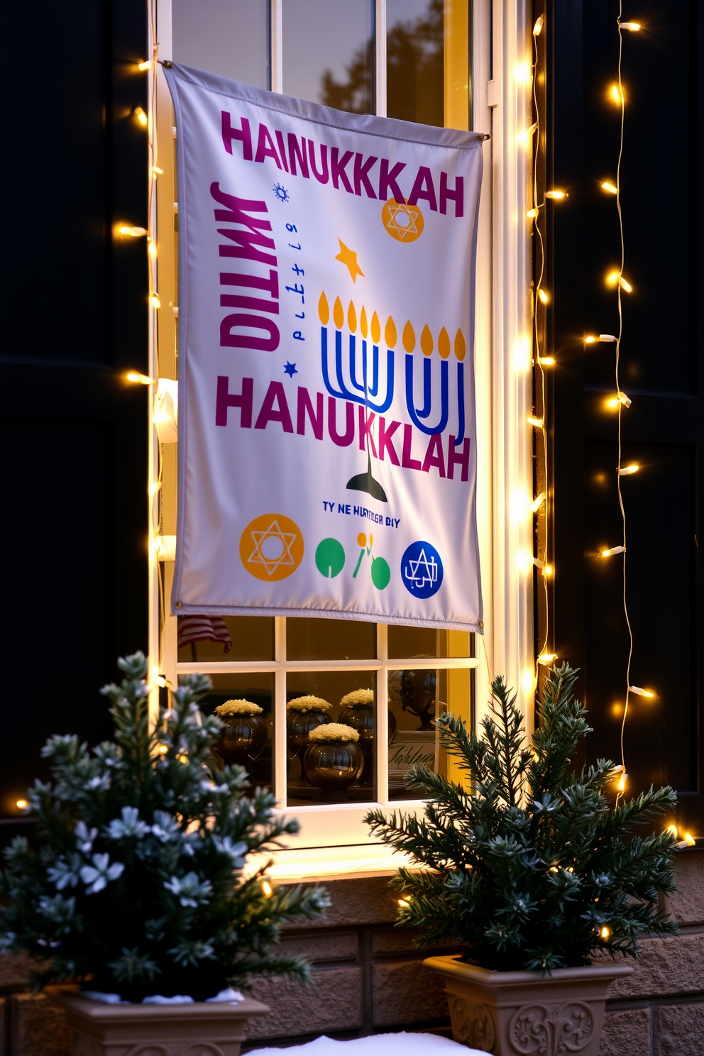 A large Hanukkah banner is prominently displayed outside a window, showcasing vibrant colors and festive symbols. The banner flutters gently in the breeze, adding a cheerful touch to the exterior decor. Surrounding the window, twinkling string lights create a warm glow, enhancing the holiday spirit. Potted plants with winter greenery are placed below the window, completing the festive Hanukkah theme.