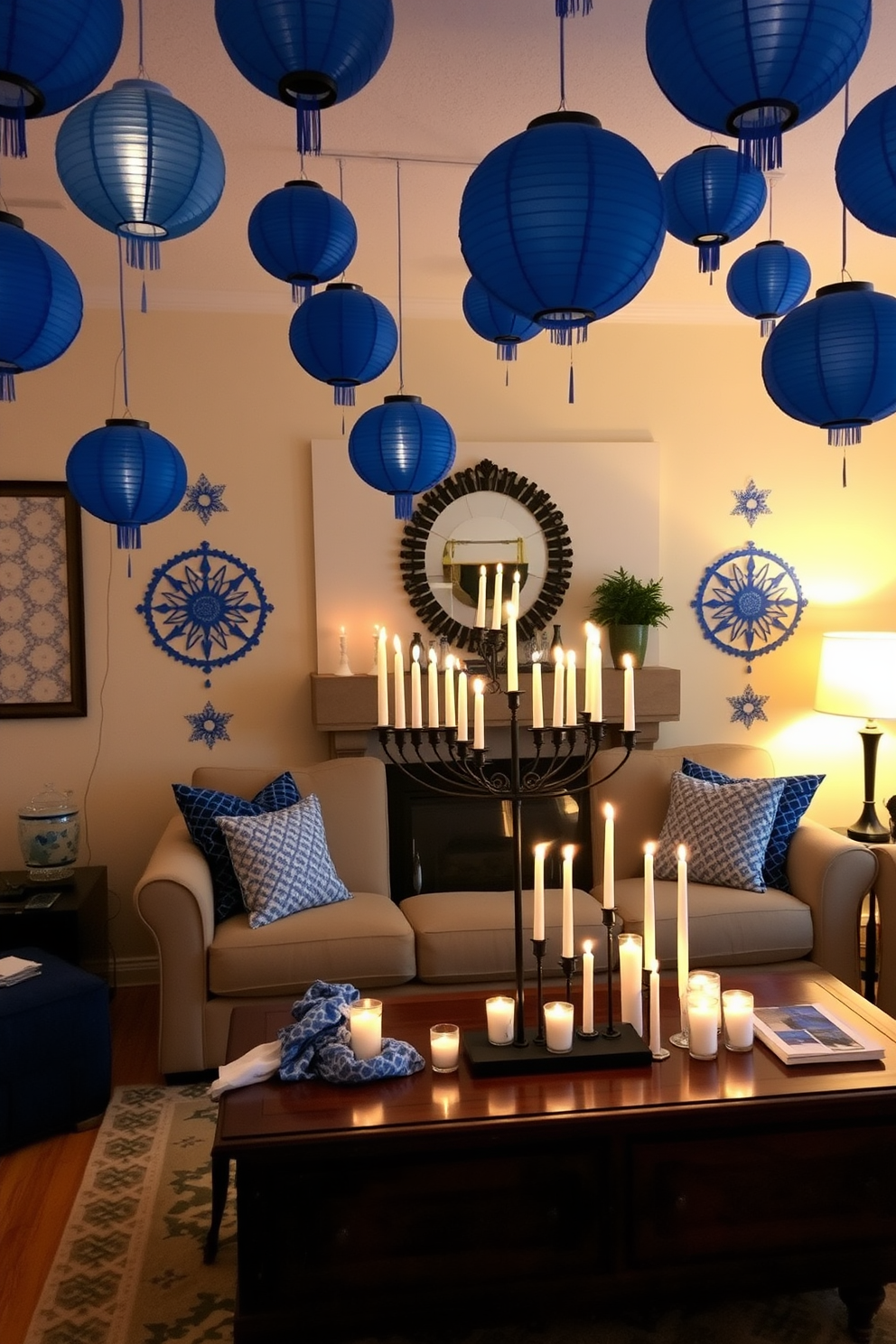 A cozy living room adorned with hanging paper lanterns in blue. The walls are decorated with festive Hanukkah motifs, and a large menorah stands proudly on the coffee table surrounded by candles.