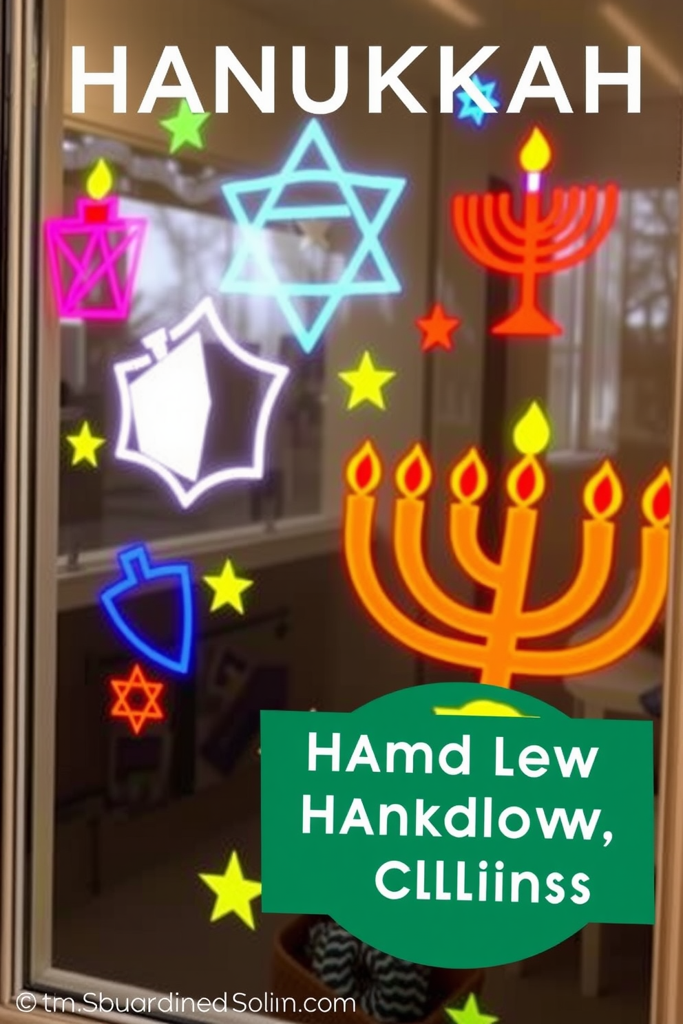 A cozy living room adorned with festive Hanukkah decorations. On the window ledge, potted blue flowers add a vibrant touch, complementing the warm glow of candles in a decorative menorah.