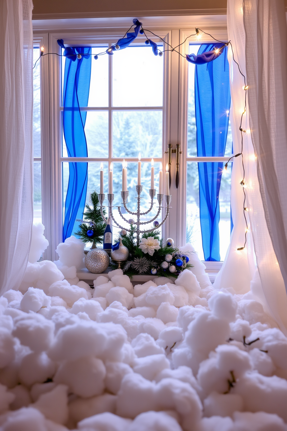 Create a cozy snowy scene with cotton batting covering the ground and gently falling snowflakes in the air. In the foreground, a beautifully decorated window showcases Hanukkah decorations, featuring blue and silver accents, menorahs, and string lights.