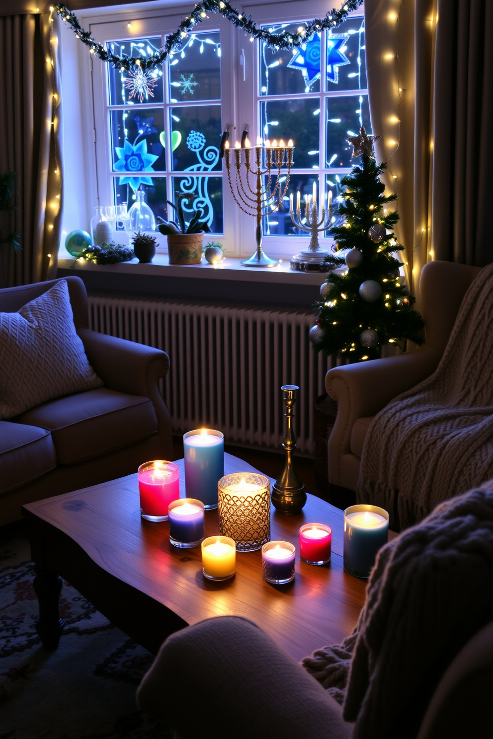 A cozy living room adorned with twinkling fairy lights nestled inside mason jars. The jars are strategically placed on shelves and tables, casting a warm glow throughout the space. The windows are beautifully decorated with festive Hanukkah-themed garlands and blue and silver ornaments. Soft fabric curtains frame the windows, enhancing the inviting atmosphere of the room.