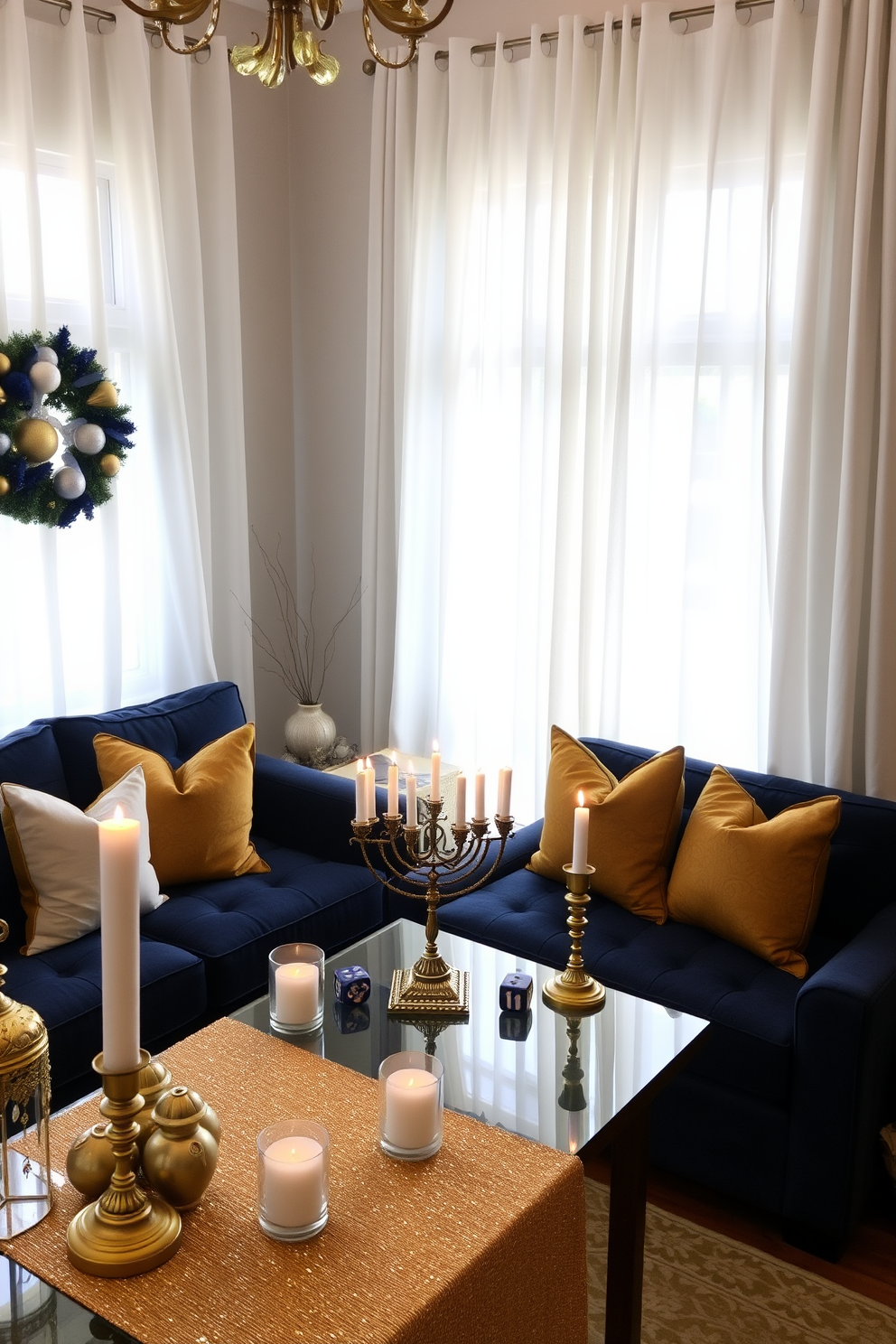 A cozy living room adorned with festive Hanukkah decorations. The space features a plush navy sofa with gold accent pillows, and a beautiful menorah sits on the coffee table surrounded by decorative dreidels. The windows are elegantly draped with sheer white curtains that allow soft light to filter in. Gold accents are incorporated through candle holders and a shimmering table runner, creating a warm and inviting atmosphere.