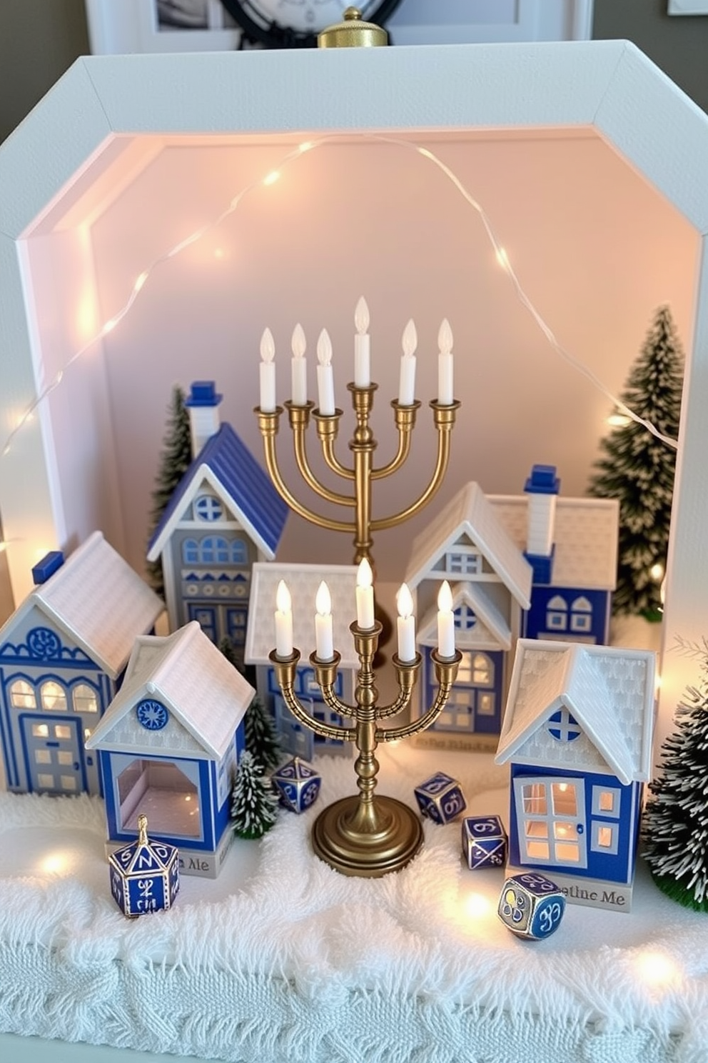 Create a charming mini Hanukkah village display featuring small, intricately designed houses adorned with blue and silver accents. Place a menorah at the center of the display, surrounded by decorative dreidels and twinkling fairy lights to enhance the festive atmosphere.