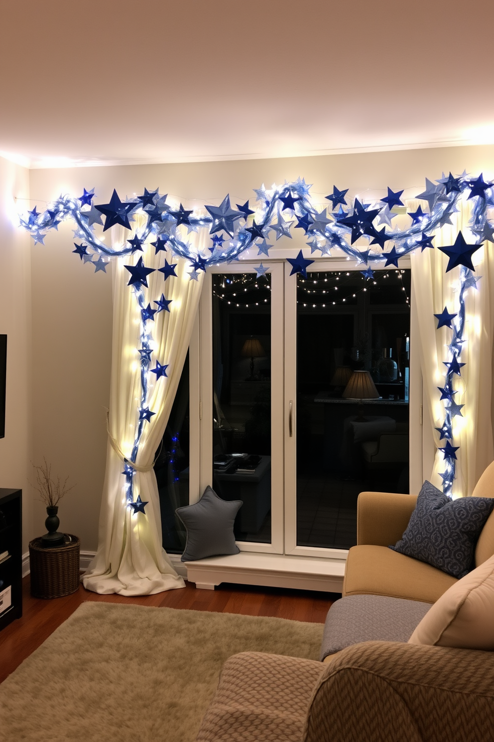 A cozy living room adorned with blue and silver star garlands draped elegantly across the window. The soft glow of string lights enhances the festive atmosphere, creating a warm and inviting space for celebration.