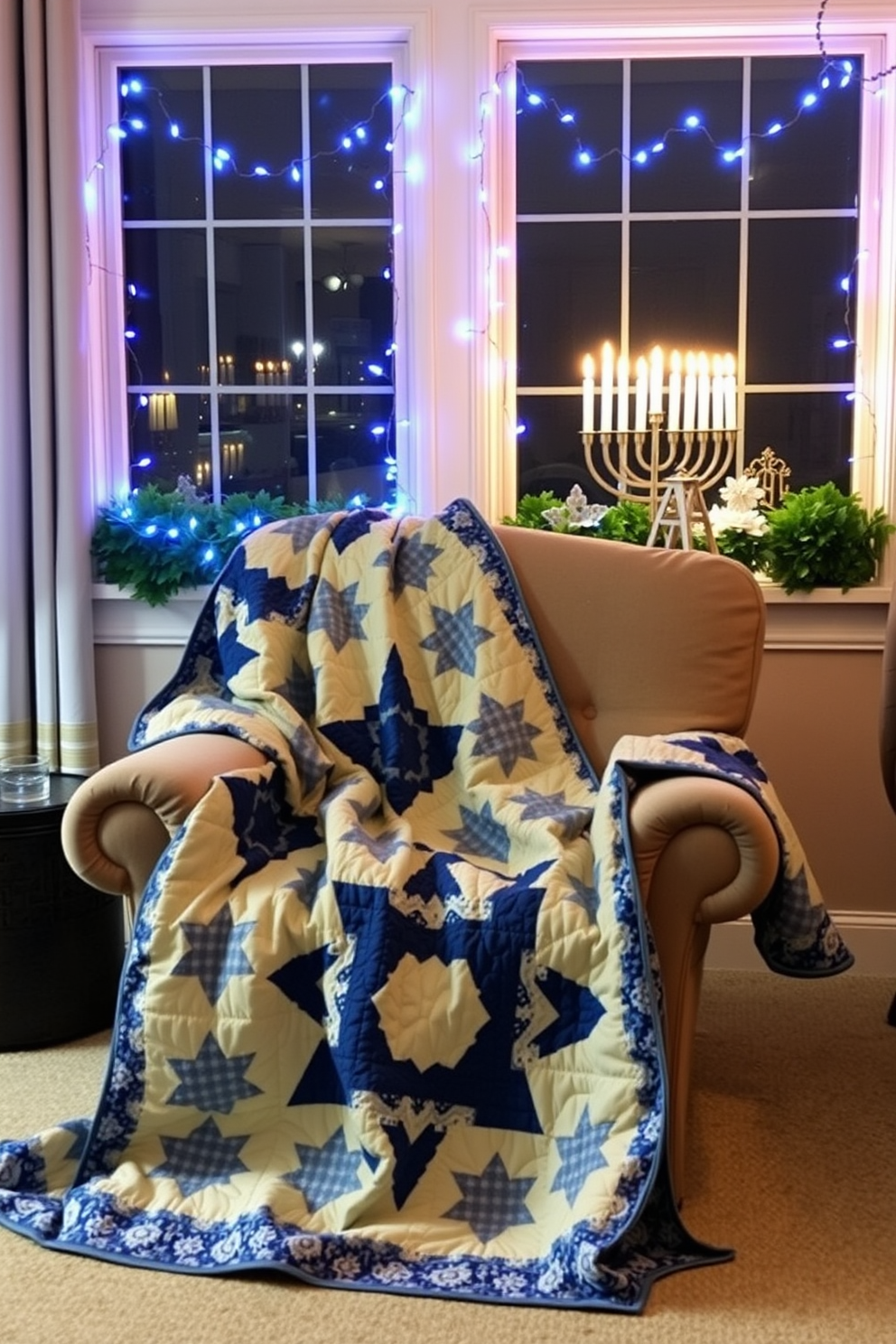 A cozy living room adorned with a decorative Hanukkah quilt draped over a plush armchair. The quilt features vibrant blue and silver patterns that evoke the spirit of the holiday. In the background, a window showcases festive Hanukkah decorations, including blue and white string lights and a beautifully arranged menorah on the sill. The warm glow from the lights complements the inviting atmosphere of the room.