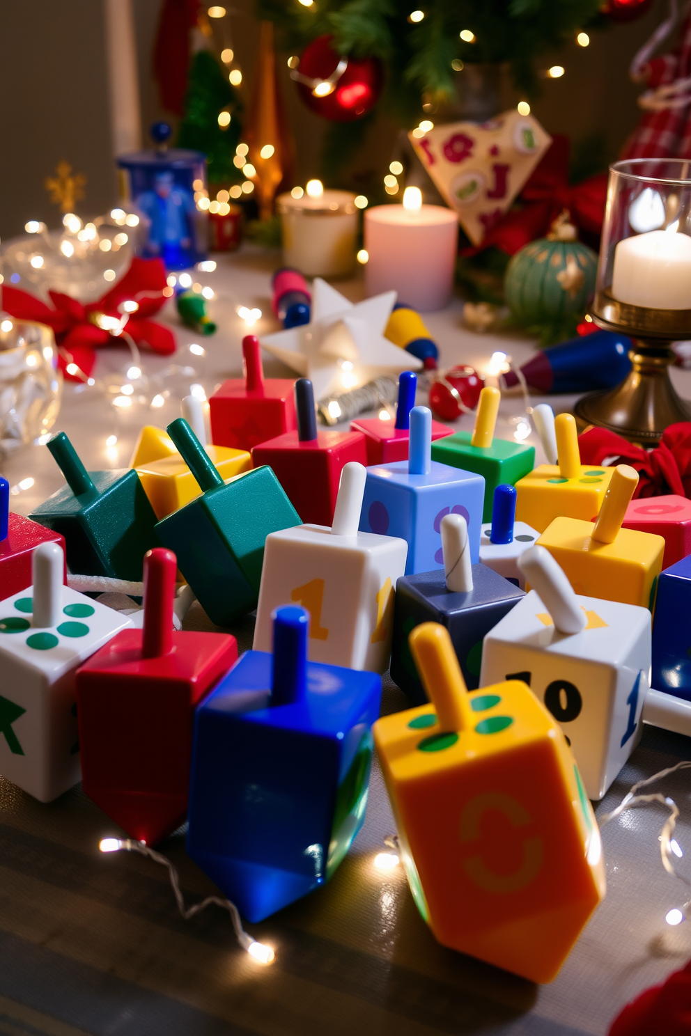 A cozy living room setting featuring scented candles in decorative holders arranged on a coffee table. The candles are of various heights and colors, creating a warm and inviting atmosphere. In the background, a beautifully decorated window showcases Hanukkah decorations, including blue and silver garlands and a menorah. Soft lighting illuminates the space, enhancing the festive spirit of the season.