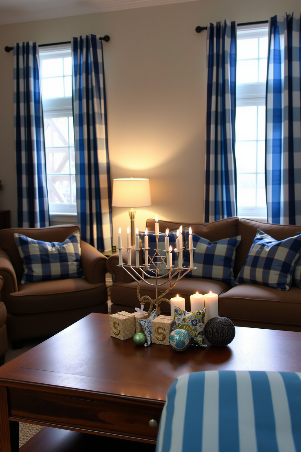 A cozy living room adorned with blue and white striped fabric curtains that gently frame a large window. The room features a plush sofa with matching throw pillows, and a wooden coffee table is placed in front, decorated with a festive centerpiece for Hanukkah. Soft lighting from a stylish floor lamp creates a warm ambiance, highlighting the intricate details of the decor. A beautifully wrapped menorah sits on the coffee table, surrounded by decorative dreidels and candles, enhancing the festive spirit of the space.