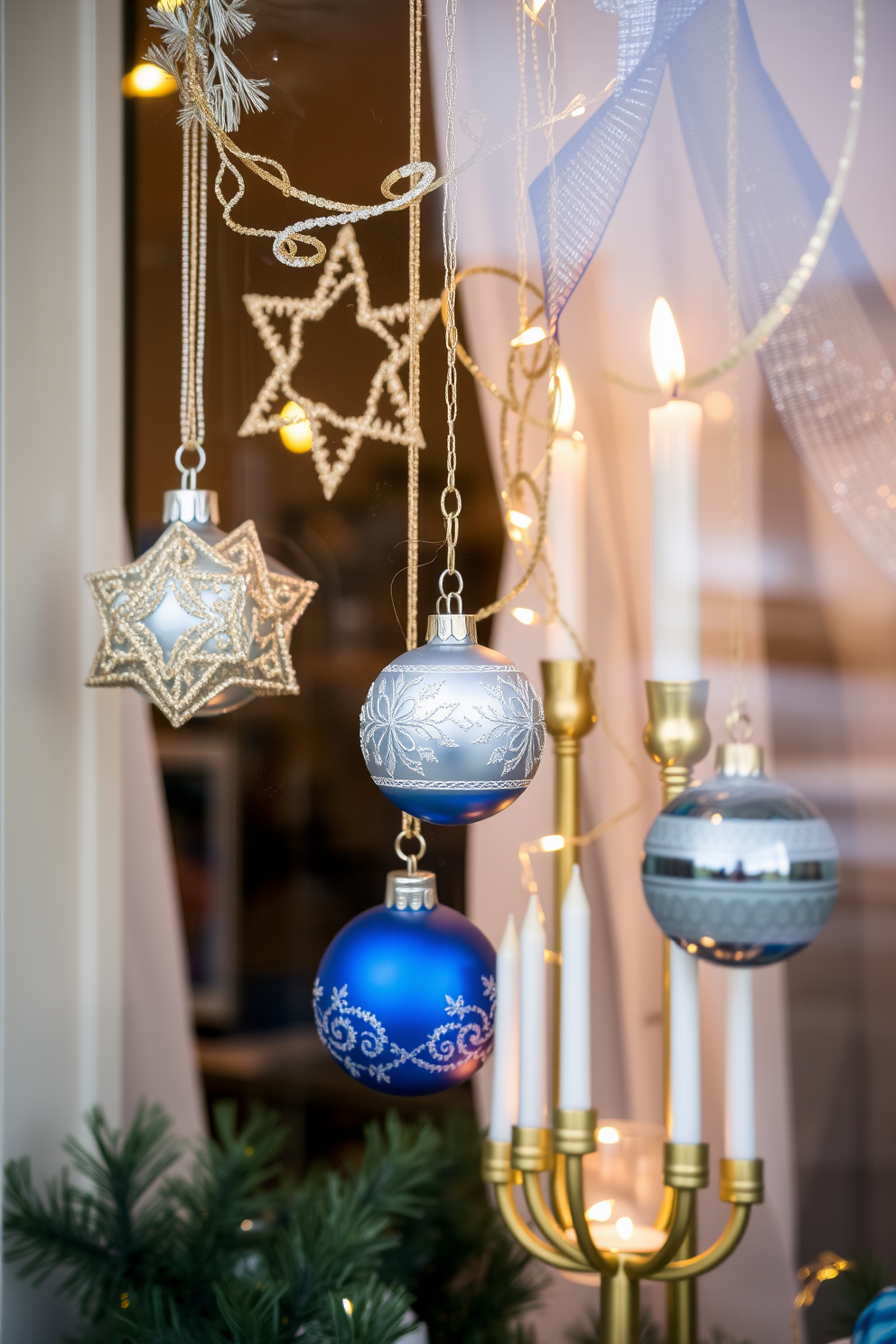 Create a festive Hanukkah decoration scene featuring gold and silver foil stars scattered inside a beautifully adorned window. The stars twinkle against a backdrop of soft blue fabric, with warm candlelight illuminating the space.