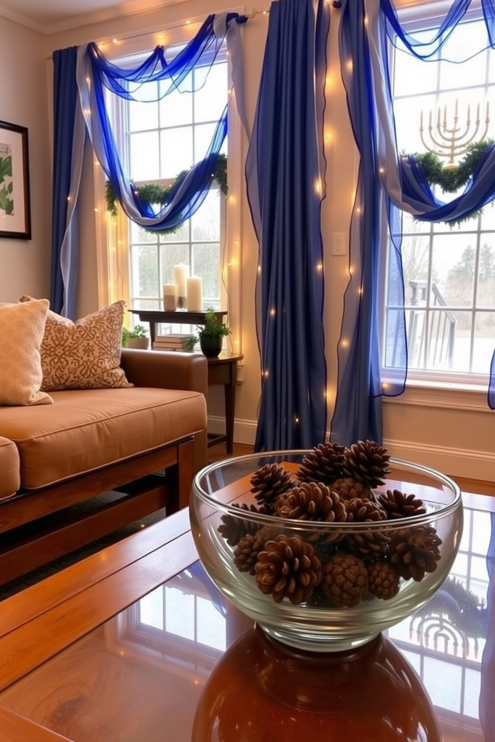 A beautiful Hanukkah setting featuring a hanging felt menorah adorned with colorful candles. The menorah is elegantly displayed against a backdrop of festive decorations, creating a warm and inviting atmosphere. The window is decorated with string lights and garlands, enhancing the joyful spirit of the holiday. Soft fabric drapes frame the window, allowing natural light to filter through and illuminate the festive scene.