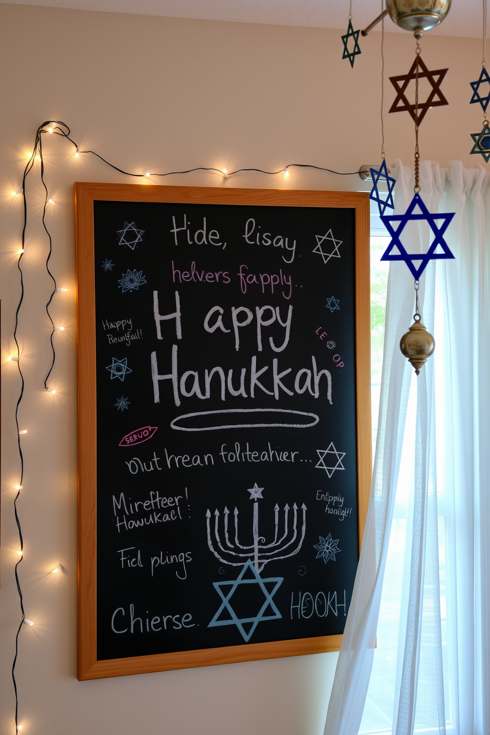 A large chalkboard is mounted on a wall, adorned with colorful chalk drawings and festive messages celebrating the spirit of Hanukkah. Surrounding the chalkboard are twinkling string lights and decorative elements that evoke warmth and joy during the holiday season. The window is beautifully decorated with blue and silver accents, featuring sheer white curtains that allow natural light to filter through. Star of David ornaments and menorah motifs hang gracefully, creating a cheerful atmosphere that enhances the festive spirit.