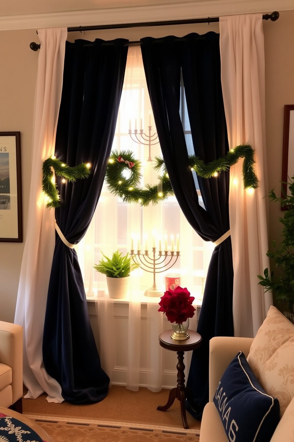 Create a layered look with multiple curtains in a cozy living room setting. Use sheer white curtains for a light and airy feel paired with rich velvet drapes in a deep navy blue for added depth and elegance. Incorporate festive Hanukkah decorations throughout the space. Adorn the window with a beautiful menorah and string lights to create a warm and inviting atmosphere.