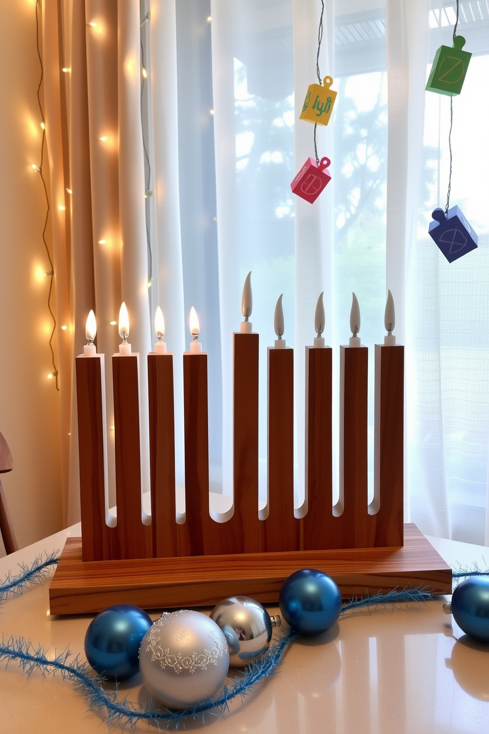 A beautifully crafted DIY menorah made of polished wood stands proudly on a festive table. Surrounding the menorah are vibrant decorations, including blue and silver ornaments, creating a warm and inviting Hanukkah atmosphere. The window is adorned with twinkling string lights and colorful paper dreidels, enhancing the holiday spirit. A soft, sheer curtain frames the scene, allowing natural light to filter through and illuminate the decorations.