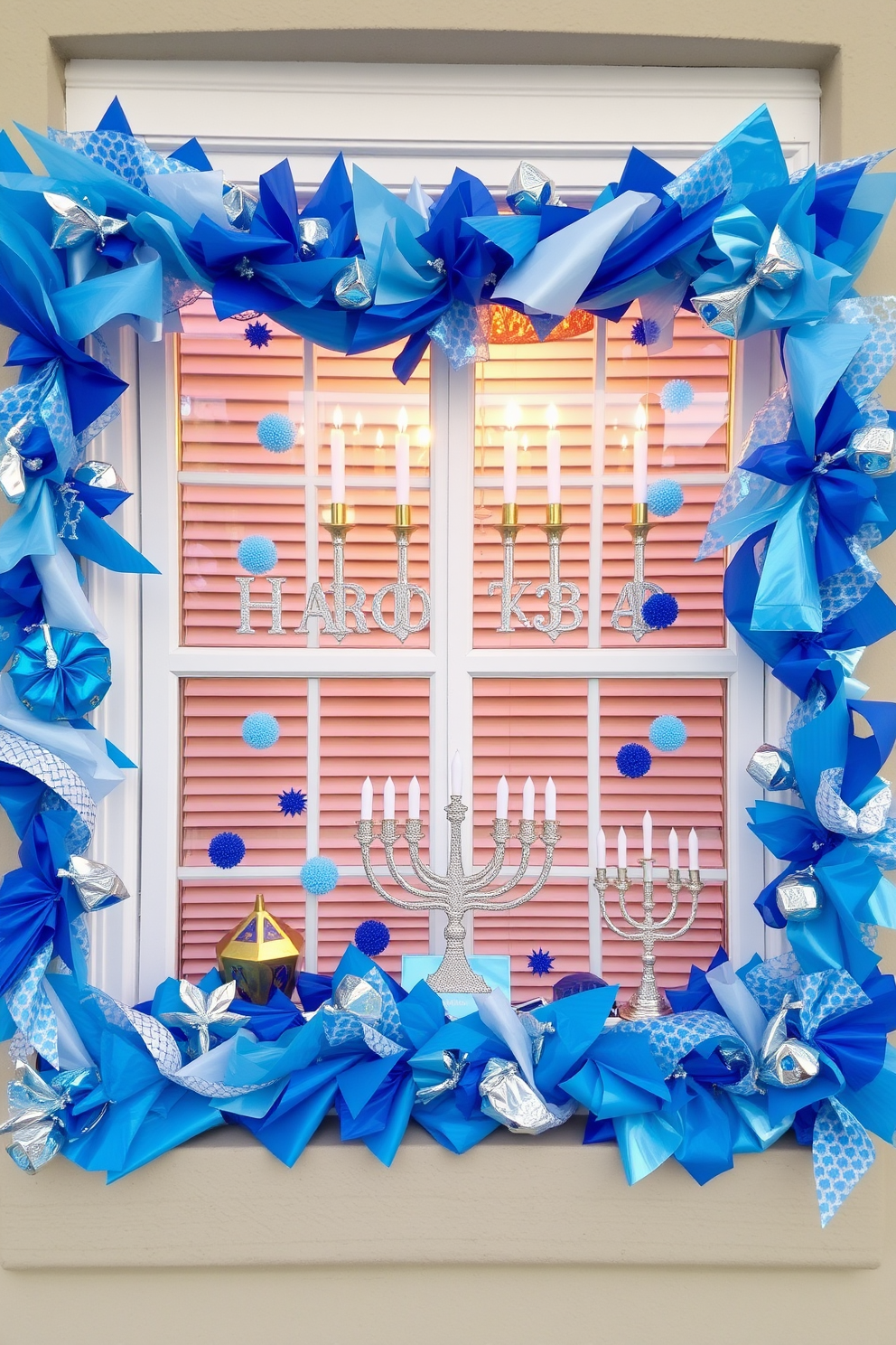 Create a festive Hanukkah setting featuring a beautifully decorated window. The window is adorned with colorful wrapping paper accents, showcasing various shades of blue and silver, with dreidels and menorahs elegantly displayed.