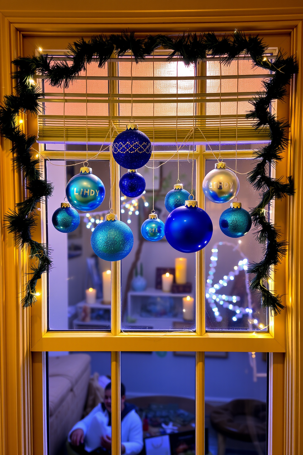 A cozy living room adorned with hanging dreamcatchers featuring Hanukkah motifs. The dreamcatchers are crafted with blue and silver threads, showcasing intricate patterns that reflect the festive spirit. Brightly lit windows are decorated with blue and white curtains, complemented by string lights that twinkle softly. Hanukkah-themed ornaments and menorahs are artfully arranged on the window sill, creating a warm and inviting atmosphere.