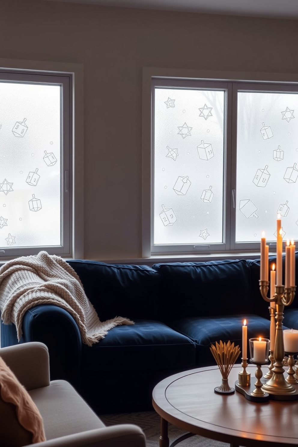 Hanging a series of shimmering star of David garlands across a large glass window creates a festive and inviting atmosphere for Hanukkah celebrations. The soft glow of the garlands illuminates the room, enhancing the warmth and joy of the holiday season.