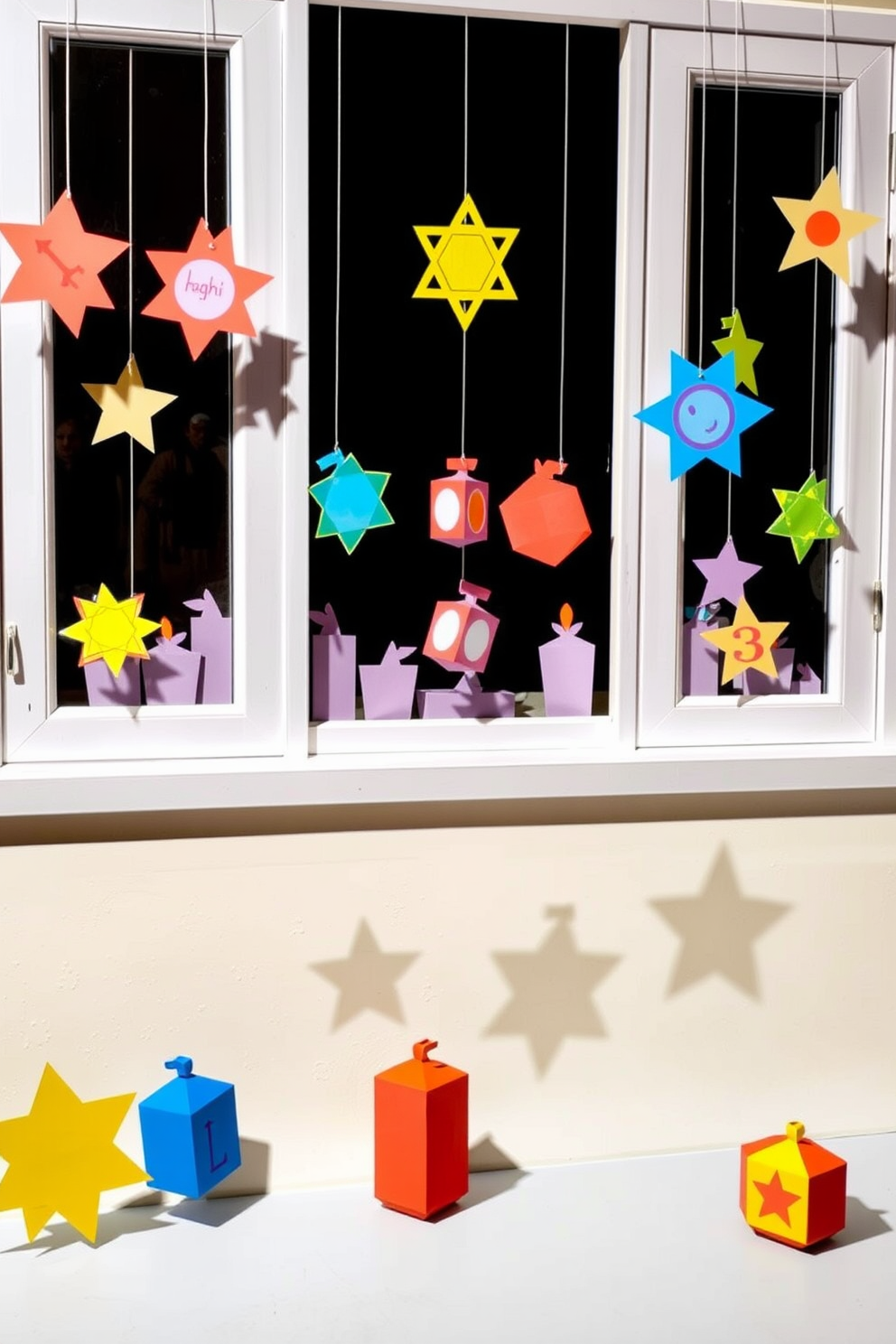 A cozy window adorned with LED string lights outlining the frame creates a warm and inviting atmosphere. The lights twinkle softly, enhancing the festive spirit of Hanukkah decorations displayed on the sill.