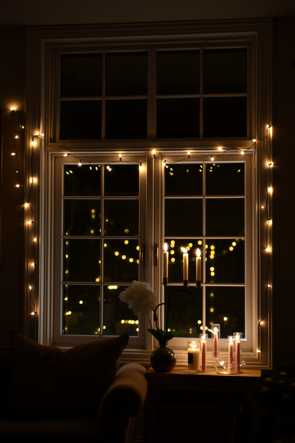 Create a cozy living room scene adorned with window decals featuring elegant menorah silhouettes. The decals are complemented by festive Hanukkah decorations, including blue and silver accents throughout the space.