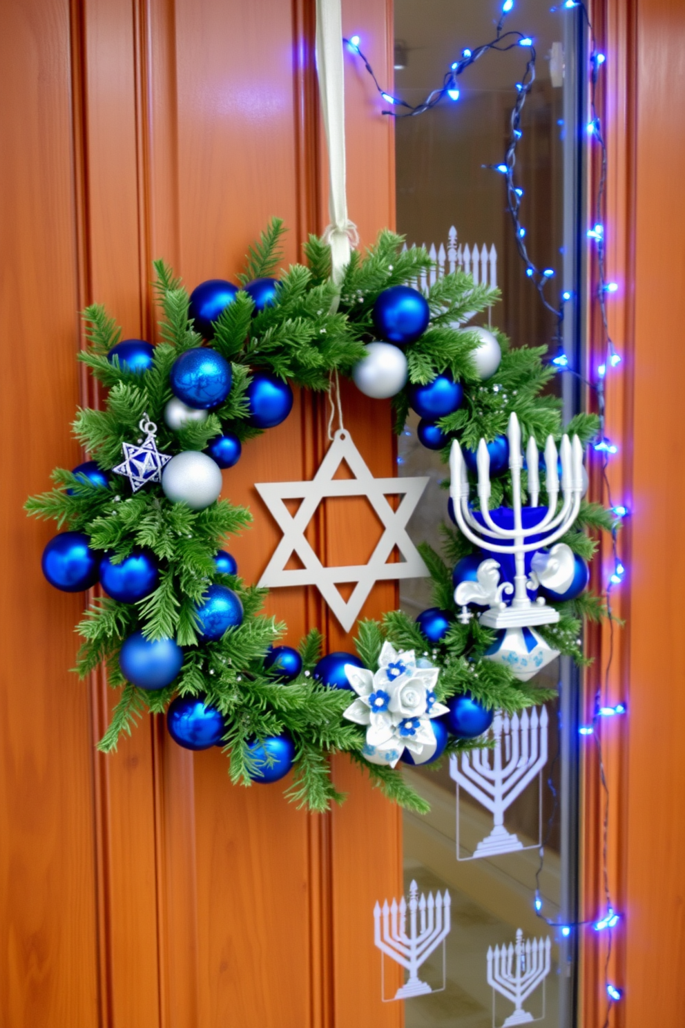 A festive Hanukkah wreath adorned with blue and silver ornaments hangs gracefully on a wooden door. The wreath features a blend of fresh greenery, with a large star of David at its center, creating a warm and inviting holiday atmosphere. For window Hanukkah decorating ideas, consider draping blue and white string lights across the window frame. Add decorative menorah decals to the glass, enhancing the festive spirit while allowing natural light to filter through.