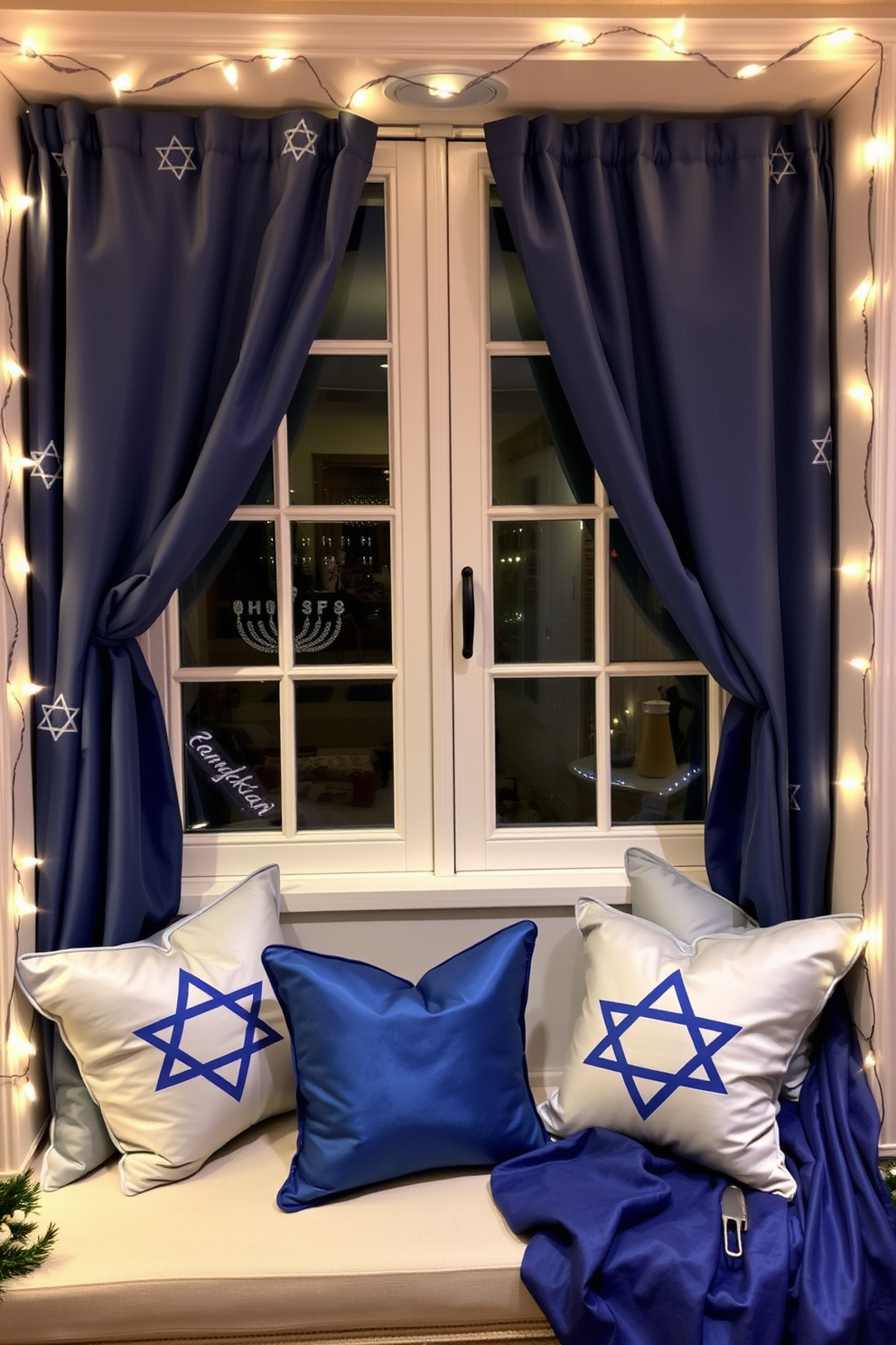 A cozy window seat adorned with themed pillows creates a warm and inviting atmosphere. Soft fabrics in shades of blue and silver complement the festive Hanukkah decor surrounding the window. The window is framed with elegant drapes that feature subtle Star of David patterns. Twinkling fairy lights are strung along the edges, enhancing the holiday spirit while providing a soft glow.