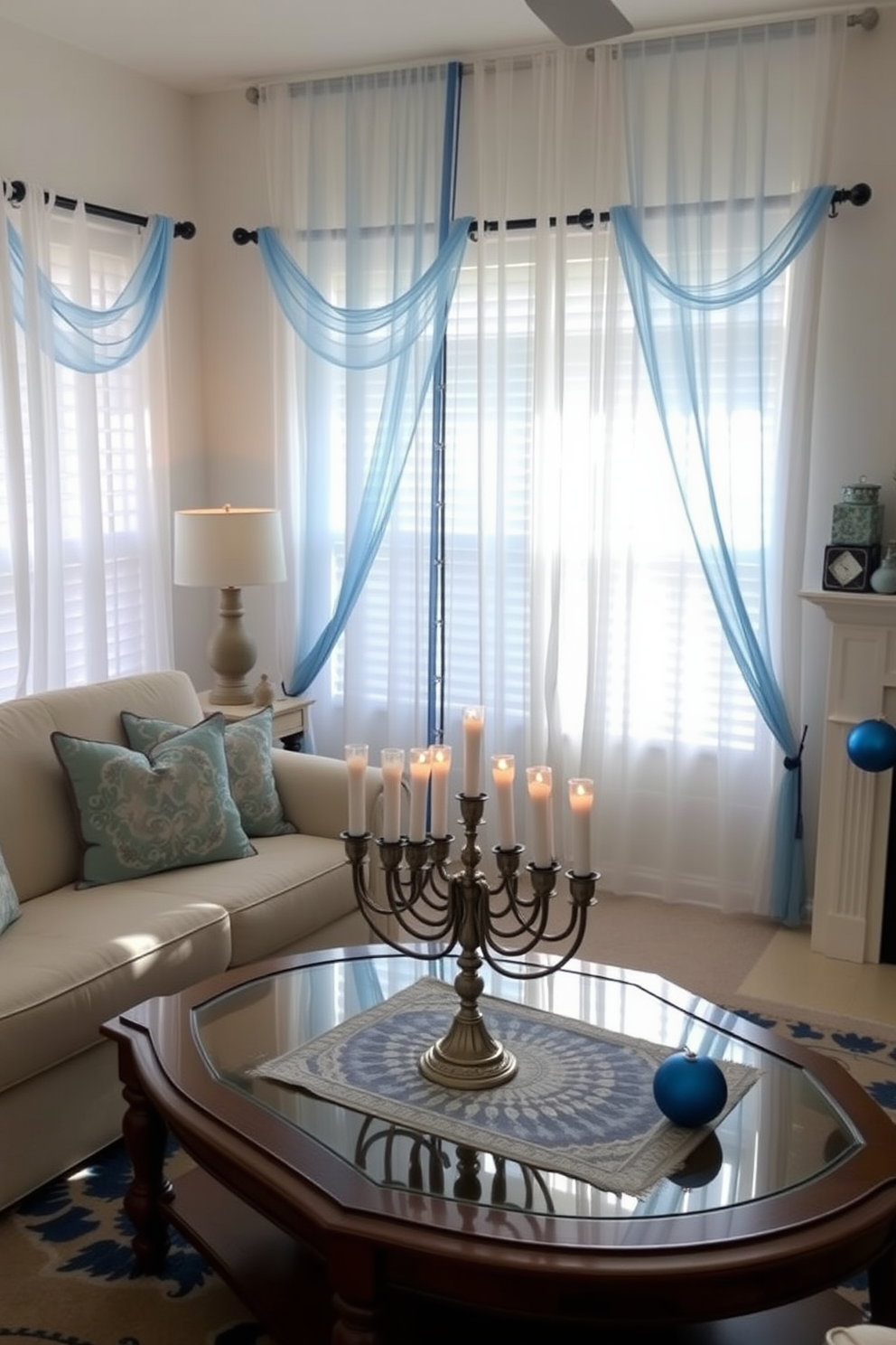 A cozy living room adorned with sheer curtains featuring blue accents that gently filter the sunlight. The space is further enhanced with festive Hanukkah decorations, including a beautifully arranged menorah on the coffee table and blue and silver ornaments hanging from the mantel.