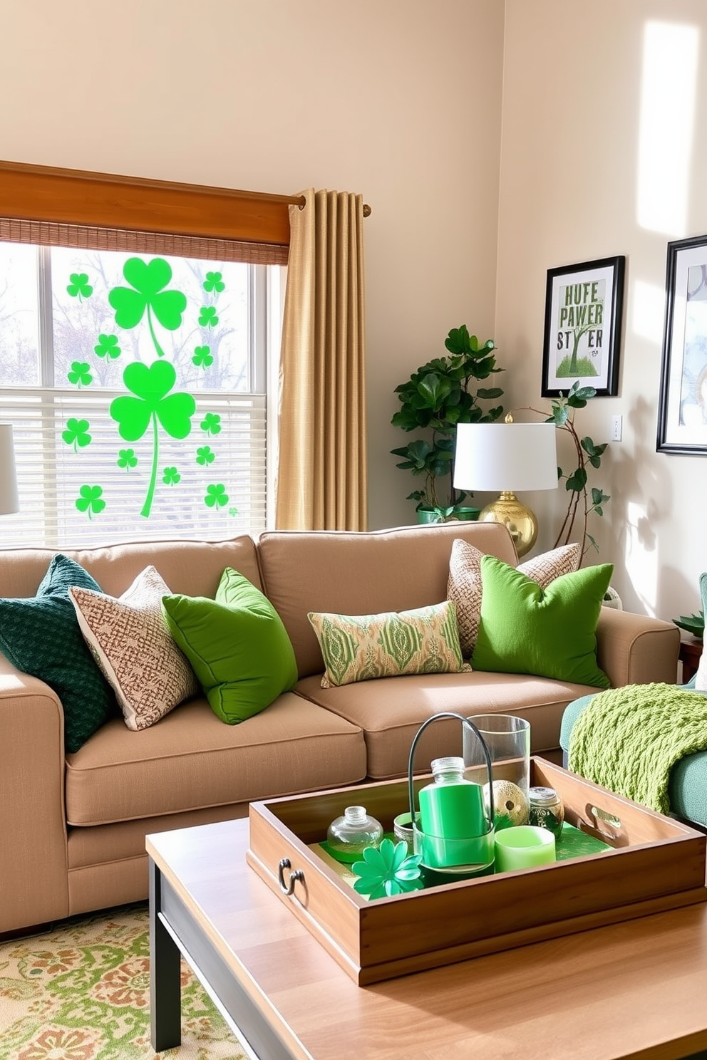 Create a vibrant living room decorated for St. Patrick's Day. The focal point is a large shamrock window cling that adds festive flair, complemented by green and gold accents throughout the space. Incorporate plush green cushions on a neutral-colored sofa, and a coffee table adorned with a decorative tray featuring shamrock-themed items. Hang artwork depicting St. Patrick's Day motifs on the walls to enhance the celebratory atmosphere.