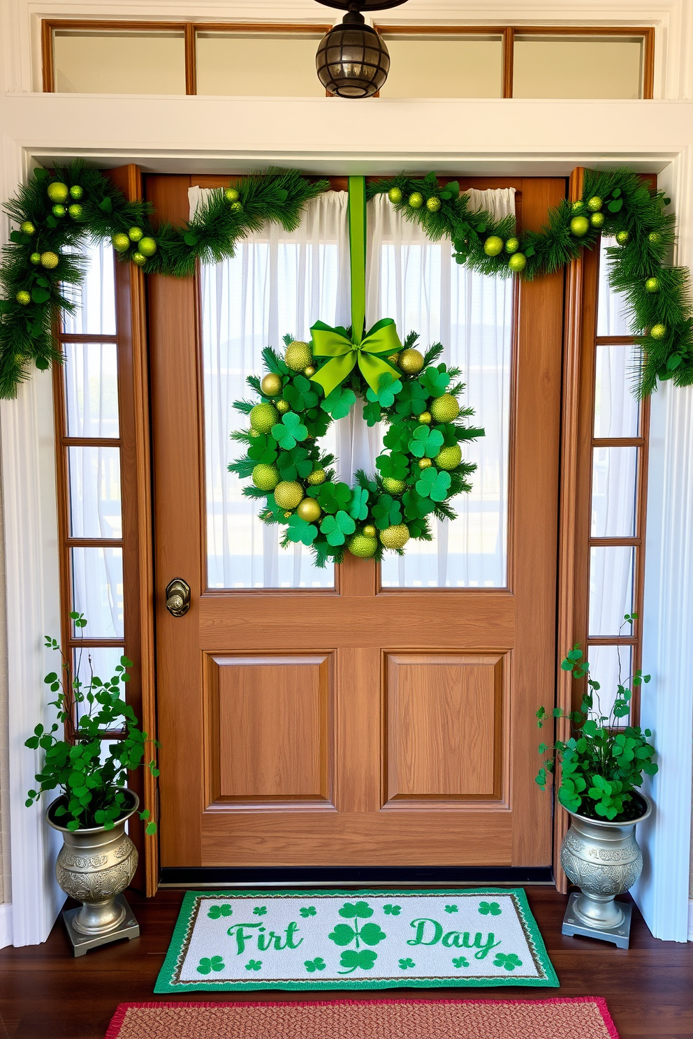 A vibrant St. Patrick's Day wreath adorned with green shamrocks and golden accents hangs on a classic wooden front door. The wreath is complemented by a cheerful welcome mat featuring festive symbols of the holiday. Inside, the windows are decorated with sheer white curtains that allow natural light to filter in, creating a bright and inviting atmosphere. Green and gold accents, such as garlands and small potted plants, frame the windows, enhancing the festive spirit of St. Patrick's Day.