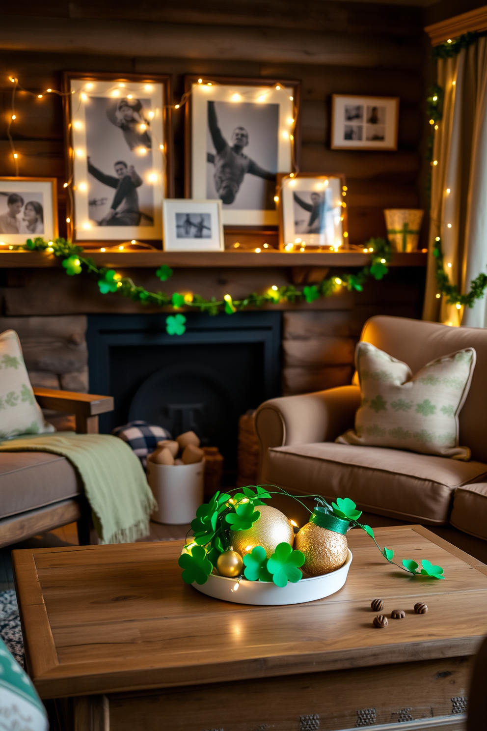 A charming window display adorned with wreaths made of lush green foliage and vibrant ribbons creates a festive atmosphere. The wreaths are carefully crafted to reflect the spirit of St. Patrick's Day, featuring shades of green and touches of gold for an elegant touch.