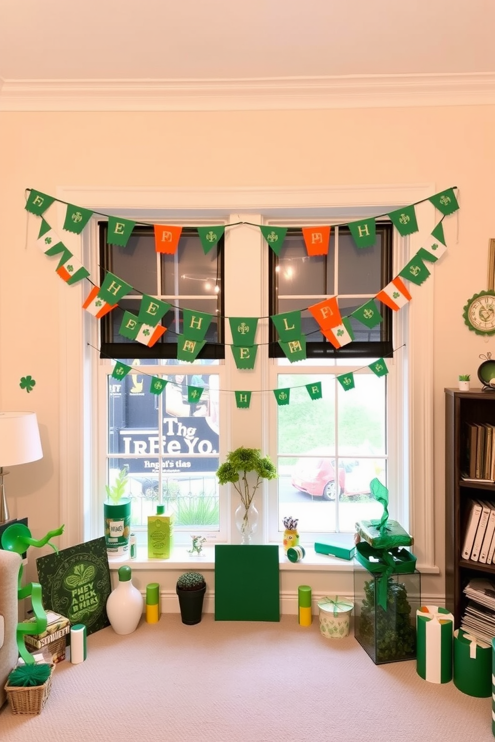 A charming window box brimming with vibrant green flowers adds a touch of nature to the home. The arrangement features a variety of lush plants with varying heights, creating a lively and inviting display. For St. Patrick's Day, the window box is adorned with festive decorations such as small shamrocks and twinkling fairy lights. The overall look combines the freshness of spring with cheerful holiday spirit, making the window a focal point of celebration.