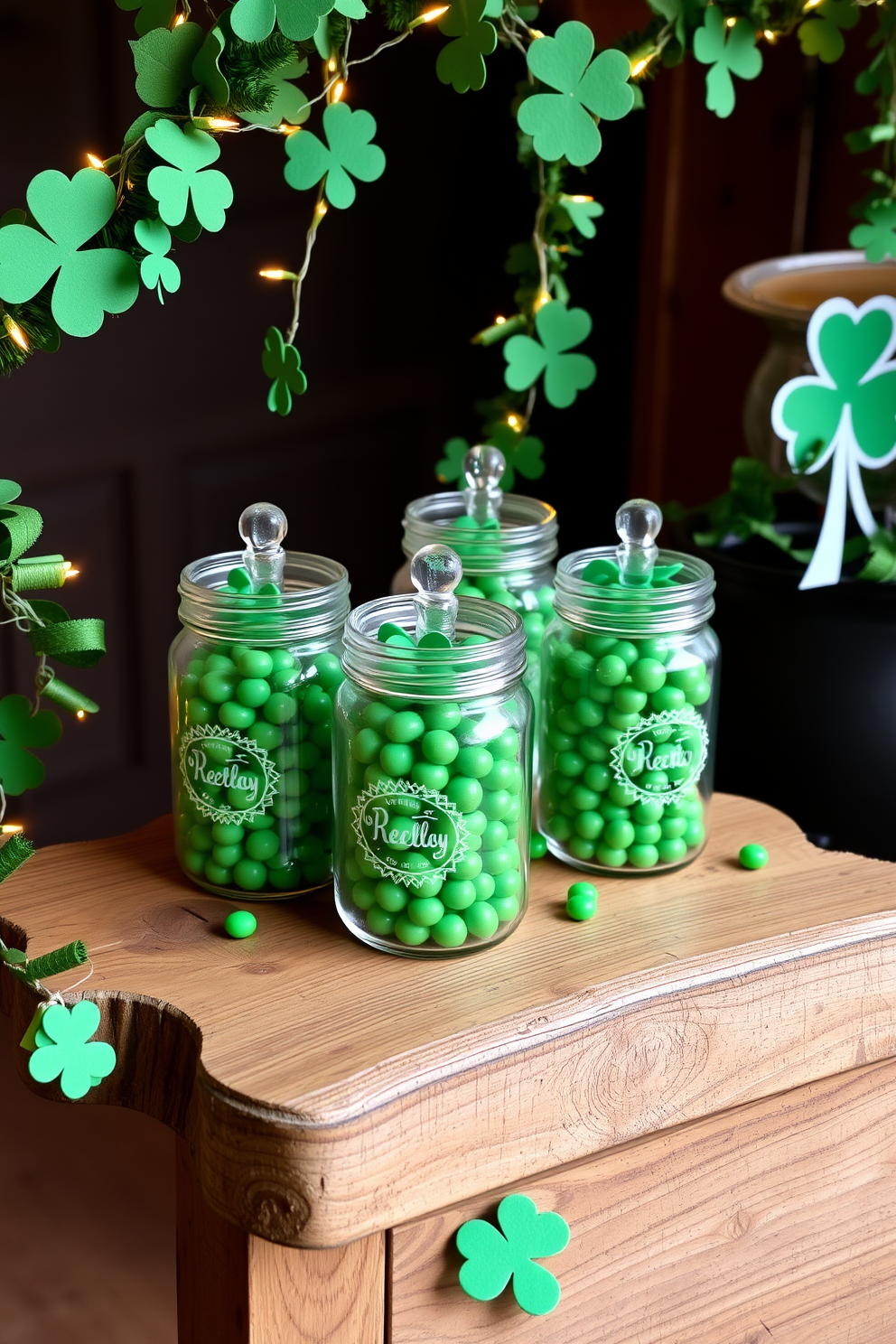 A charming display of decorative jars filled with vibrant green candies sits on a rustic wooden table. The jars are arranged alongside festive St. Patrick's Day decorations, including shamrock garlands and twinkling fairy lights.