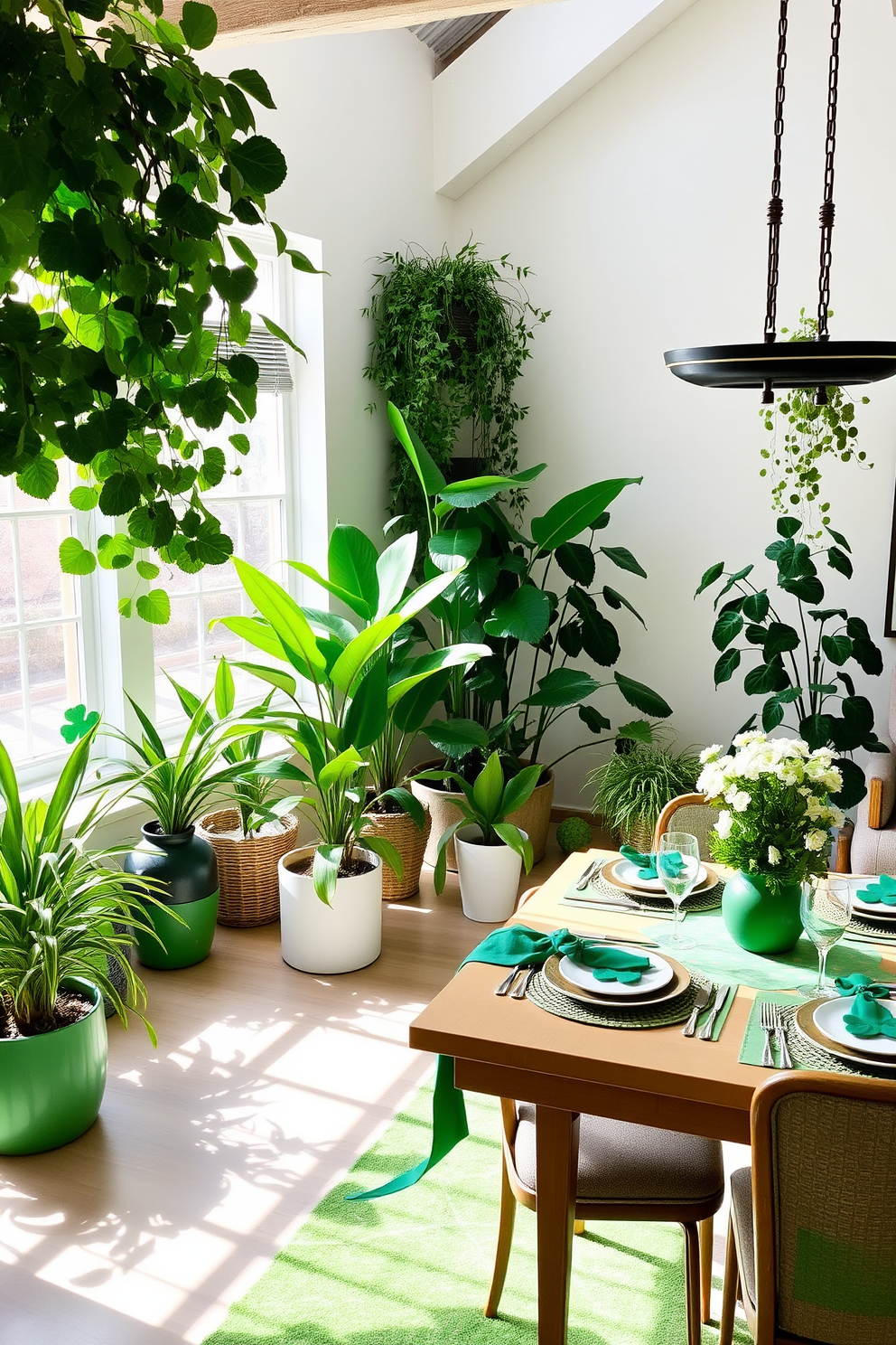 Fresh green plants are arranged throughout the room to create a natural and vibrant atmosphere. The sunlight filters through the windows, enhancing the lush greenery and inviting a sense of tranquility. For St. Patrick's Day, decorative elements in shades of green are thoughtfully placed around the space. Shamrock-themed accents and festive table settings add a playful touch to the overall design.