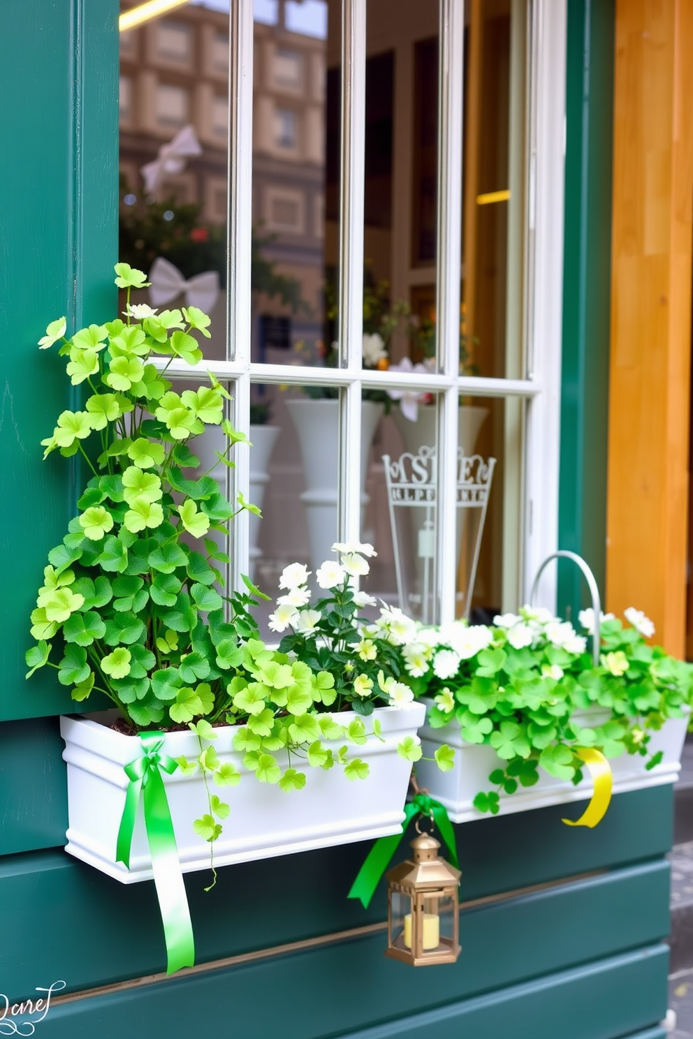 Create a charming window display featuring vibrant window boxes filled with blooming shamrock plants. Incorporate festive St. Patrick's Day decorations such as green ribbons and small lanterns to enhance the seasonal theme.