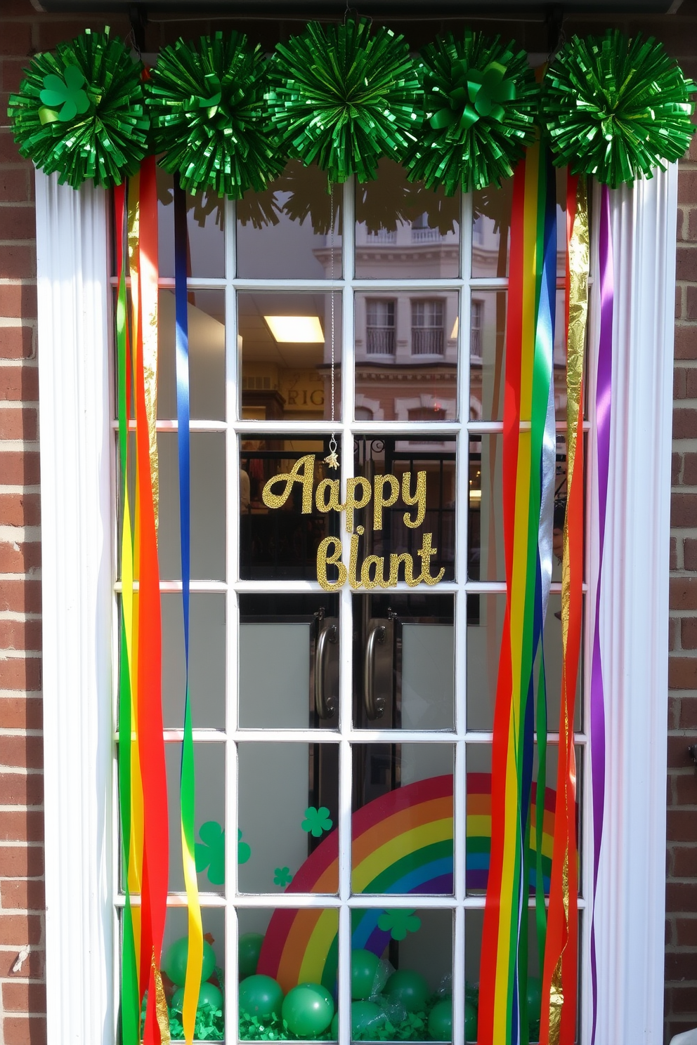 A festive St. Patrick's Day setting featuring vibrant rainbow streamers cascading down the sides of a large window. The window is adorned with green and gold decorations, creating a cheerful atmosphere that celebrates the holiday.