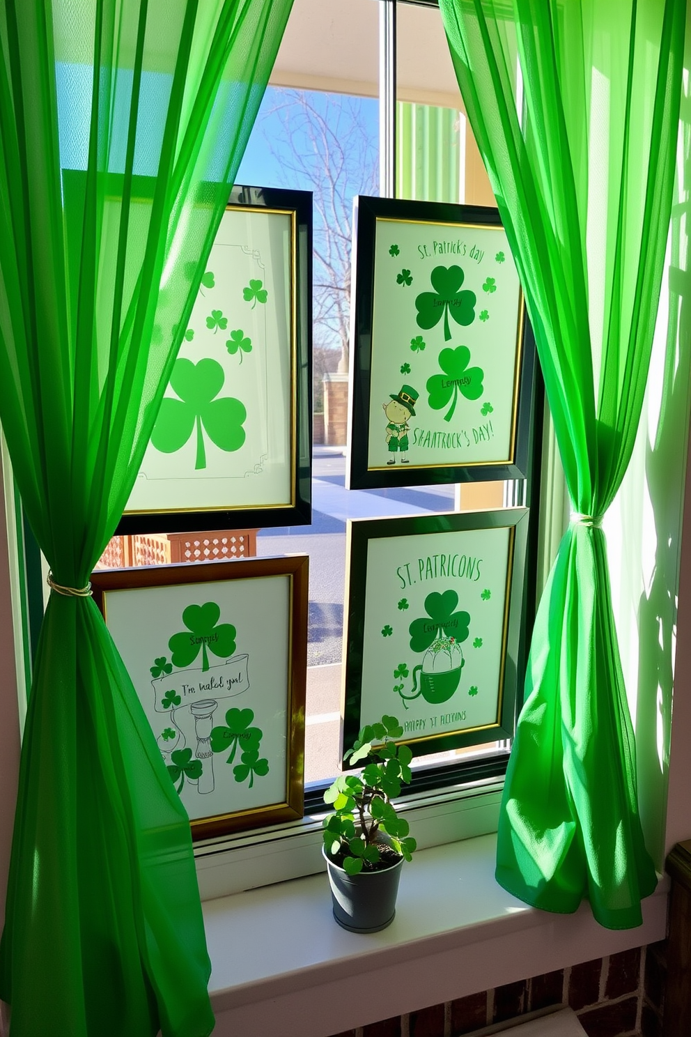 A festive living room adorned with green and gold curtains that elegantly frame a large window. The curtains are complemented by cheerful St. Patrick's Day decorations, including shamrock garlands and vibrant green throw pillows on a plush sofa.