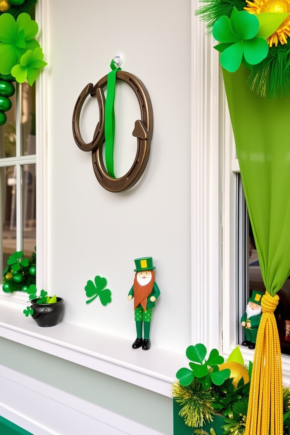 A festive St. Patrick's Day setting featuring lucky horseshoes hung on the wall for good luck. The decor includes green and gold accents with shamrocks and leprechaun figurines adorning the window sills.