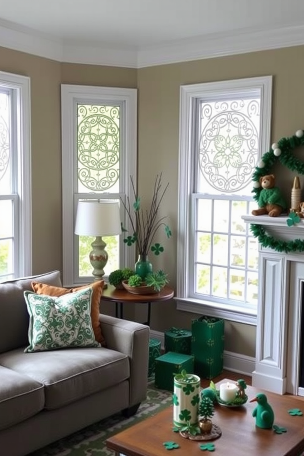 A serene living space featuring window film adorned with intricate Celtic knot designs that filter light beautifully. The film adds an artistic touch to the windows while maintaining privacy and enhancing the overall ambiance. A festive atmosphere is created with St. Patrick's Day decorating ideas that include green accents and whimsical decorations. The space is adorned with shamrock motifs, garlands, and tasteful touches that celebrate the holiday in style.