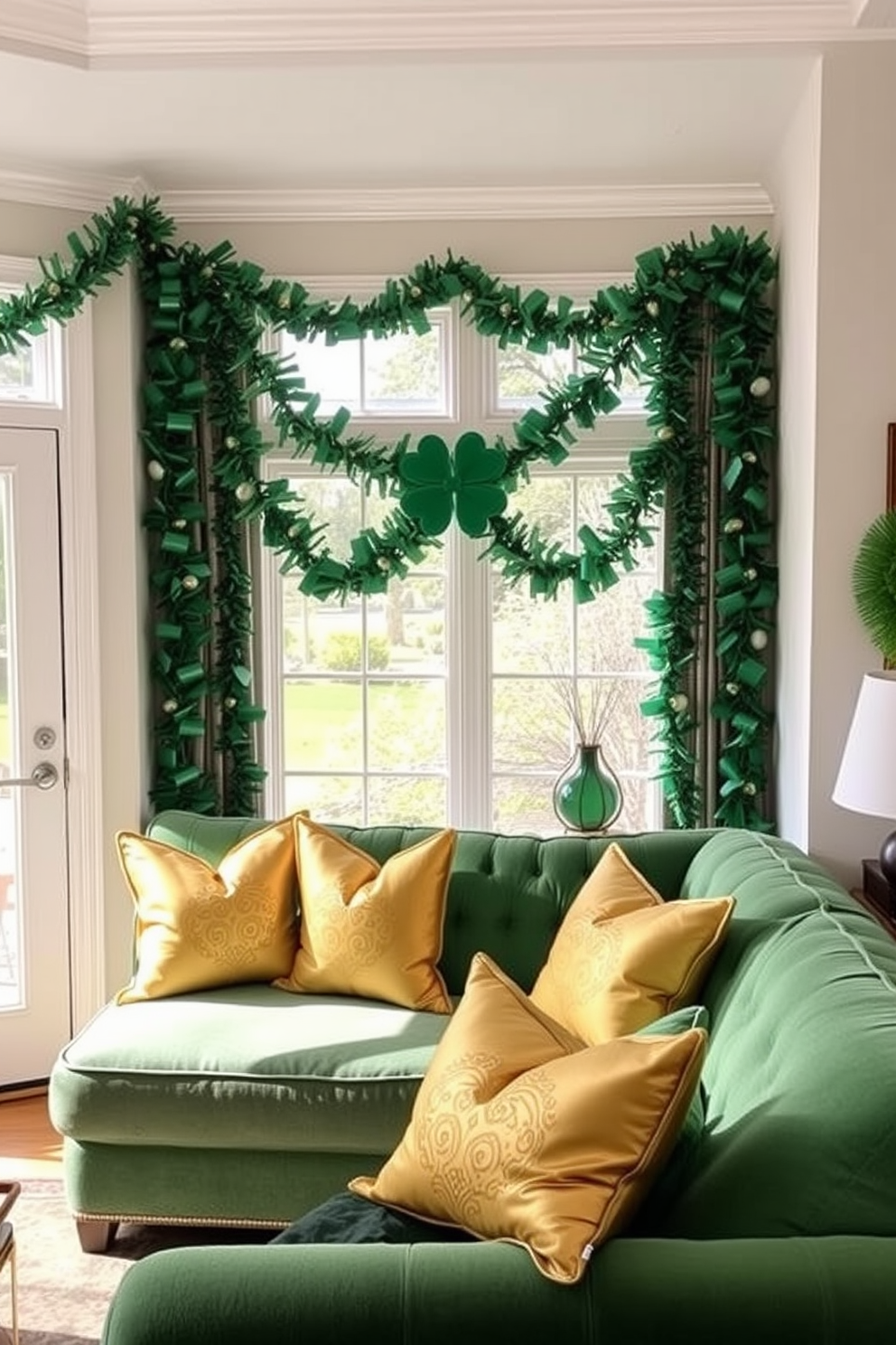 A charming living room adorned with leprechaun figurines perched on the window sills. The space is filled with vibrant green accents and festive decorations, creating a cheerful atmosphere for St. Patrick's Day celebrations.