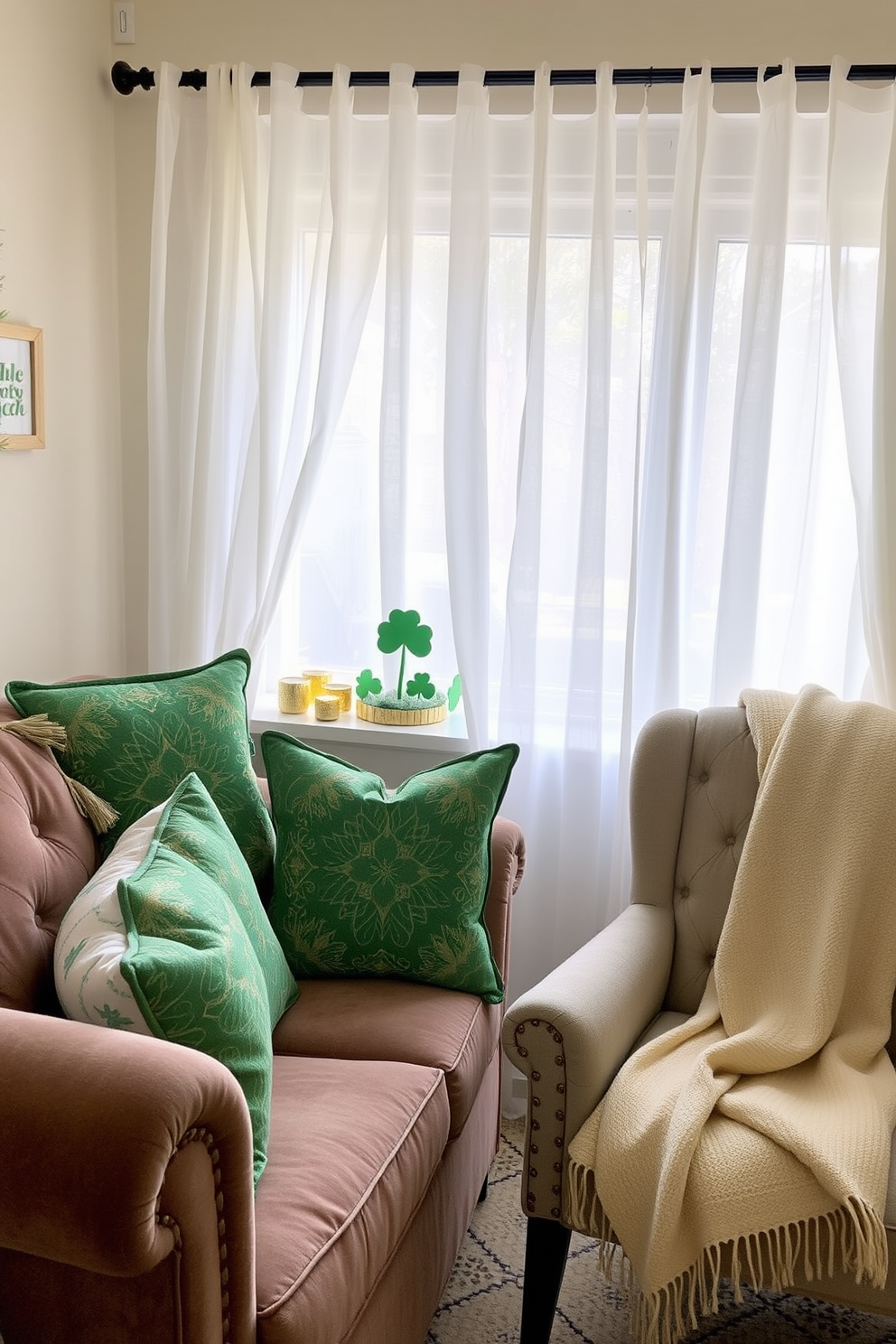 Seasonal throw pillows are arranged on a plush sofa, featuring vibrant green and gold patterns that evoke the spirit of St. Patrick's Day. Nearby, a cozy armchair complements the decor, adorned with a soft blanket in shades of cream and green. The window is beautifully dressed with sheer white curtains that allow natural light to filter in, creating an inviting atmosphere. Decorative elements like shamrocks and gold accents are thoughtfully placed on the windowsill, enhancing the festive ambiance.