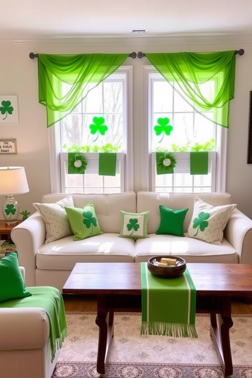 A bright and cheerful living space adorned with vibrant green table runners elegantly draped over window ledges. The decor features playful St. Patrick's Day elements, including shamrock motifs and festive accents that bring a sense of celebration and warmth to the room.