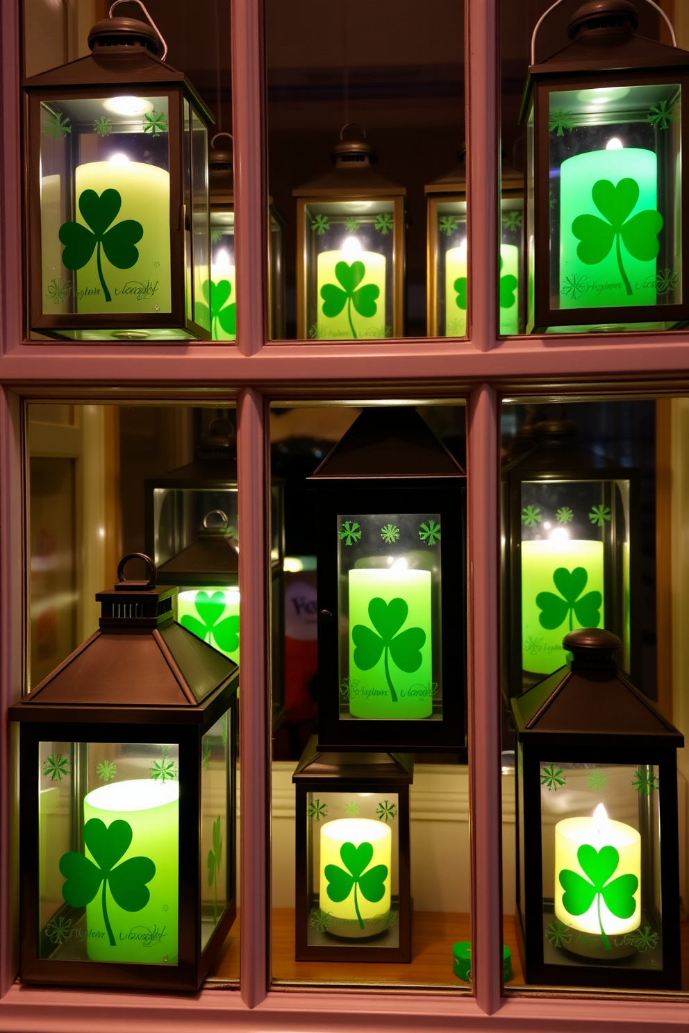 A charming display of window lanterns featuring green candles inside. The lanterns are adorned with delicate shamrock patterns to celebrate St. Patrick's Day.