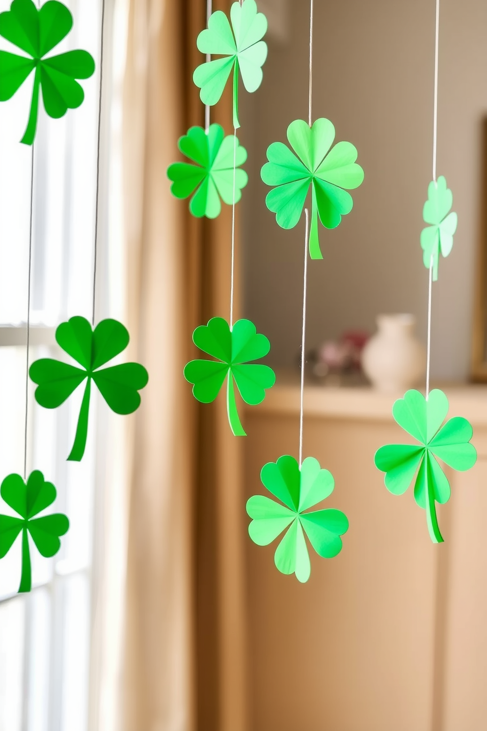 A festive St. Patrick's Day scene features DIY paper shamrocks hanging gracefully from strings. The vibrant green shamrocks dance lightly in the breeze, creating a cheerful atmosphere in the room.