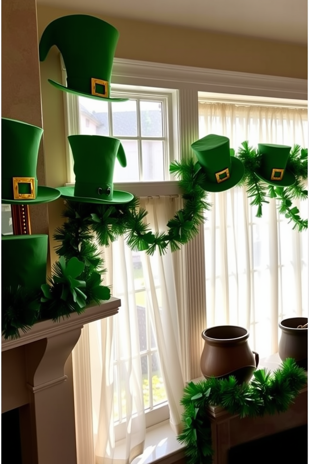 Whimsical leprechaun hats adorn the shelves and mantels, adding a playful touch to the festive atmosphere. Each hat is crafted from vibrant green fabric, embellished with gold buckles and playful embellishments, creating a charming focal point for St. Patrick's Day celebrations. Windows are dressed with sheer white curtains that gently filter the sunlight, allowing the cheerful decorations to shine. Green and gold garlands drape across the window frames, enhancing the holiday spirit while inviting a sense of warmth and joy into the space.