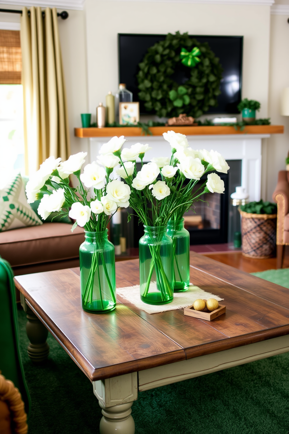 A charming St. Patrick's Day themed living room features green glass vases filled with fresh white flowers placed on a rustic wooden coffee table. The room is adorned with subtle green and gold accents, creating a festive yet elegant atmosphere perfect for celebrating the holiday.