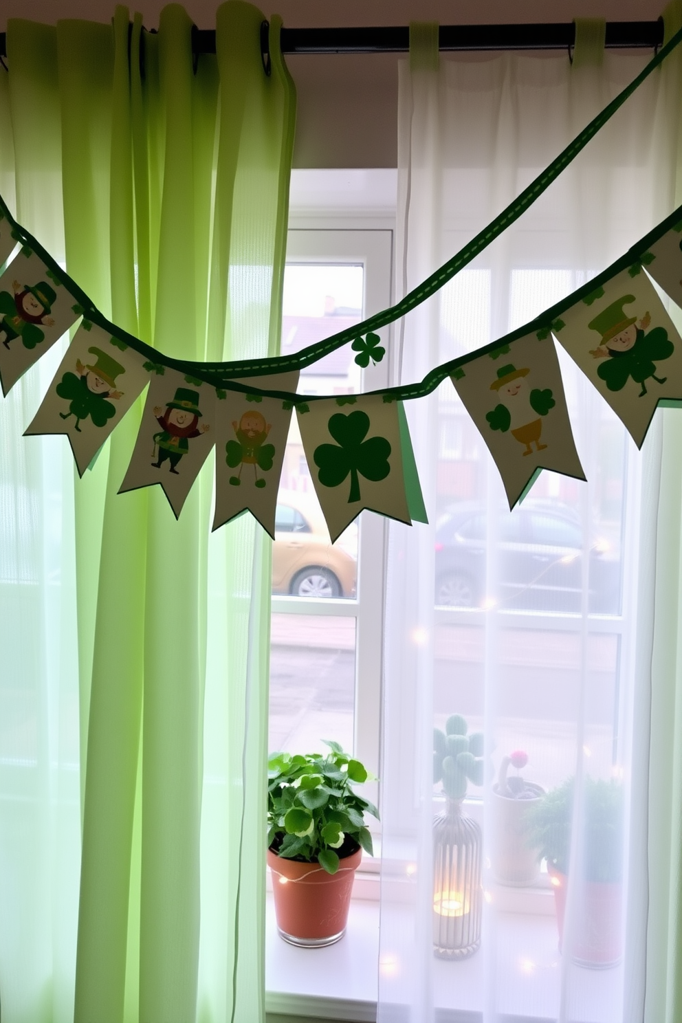 A festive St. Patrick's Day themed fabric bunting drapes across the room, featuring vibrant green, white, and gold colors. The bunting is adorned with shamrocks and playful leprechauns, creating a cheerful atmosphere for the celebration. In the background, a window displays charming St. Patrick's Day decorations, including potted shamrock plants and twinkling fairy lights. Sheer green curtains gently frame the window, allowing natural light to illuminate the festive decor.