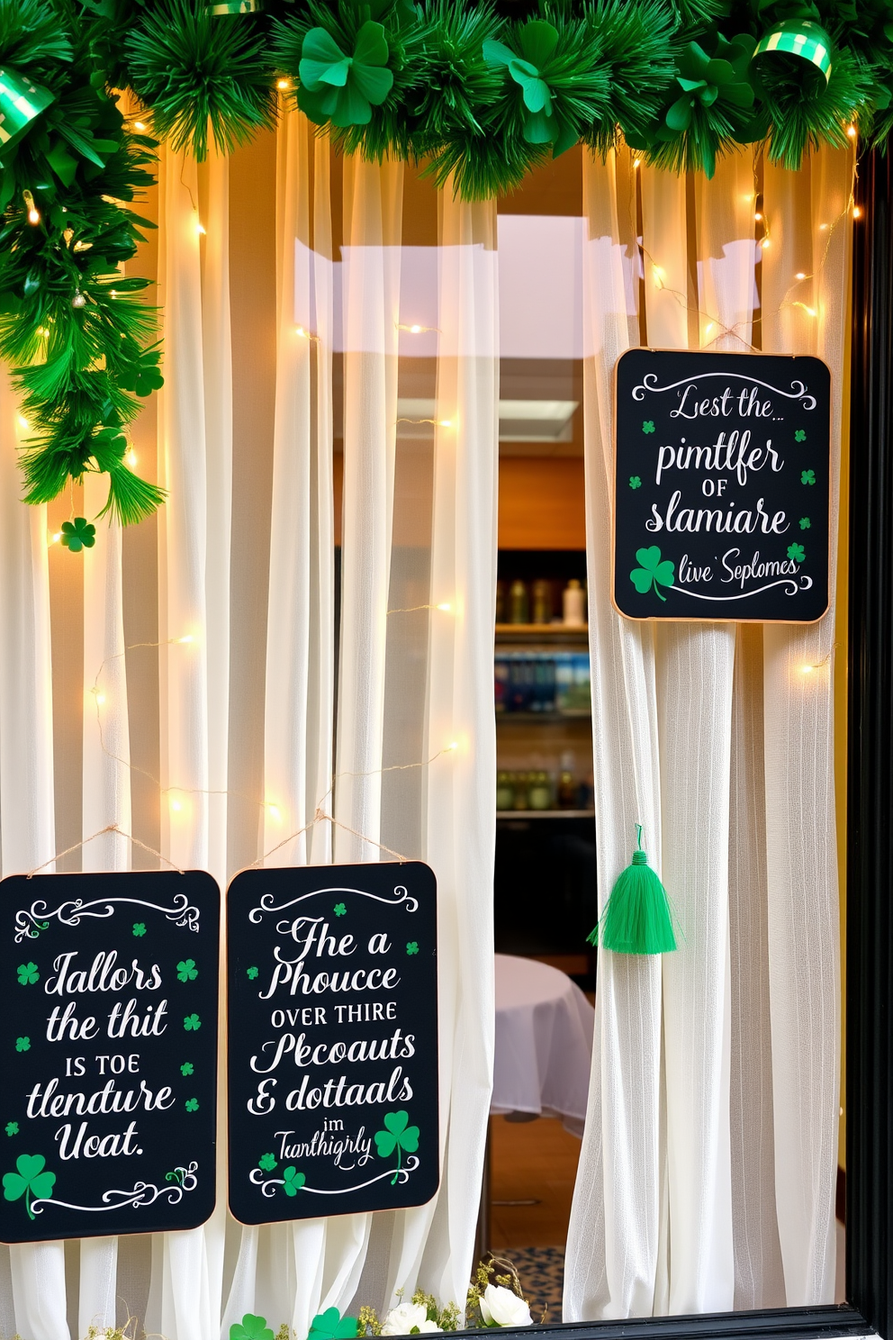 Irish sayings written on chalkboard signs create a charming and festive atmosphere. Each sign features a unique saying in elegant white script, surrounded by whimsical illustrations of shamrocks and leprechauns. Window decorations for St. Patrick's Day include vibrant green garlands and twinkling fairy lights. Sheer curtains adorned with gold and green accents softly filter the light, enhancing the celebratory mood of the space.