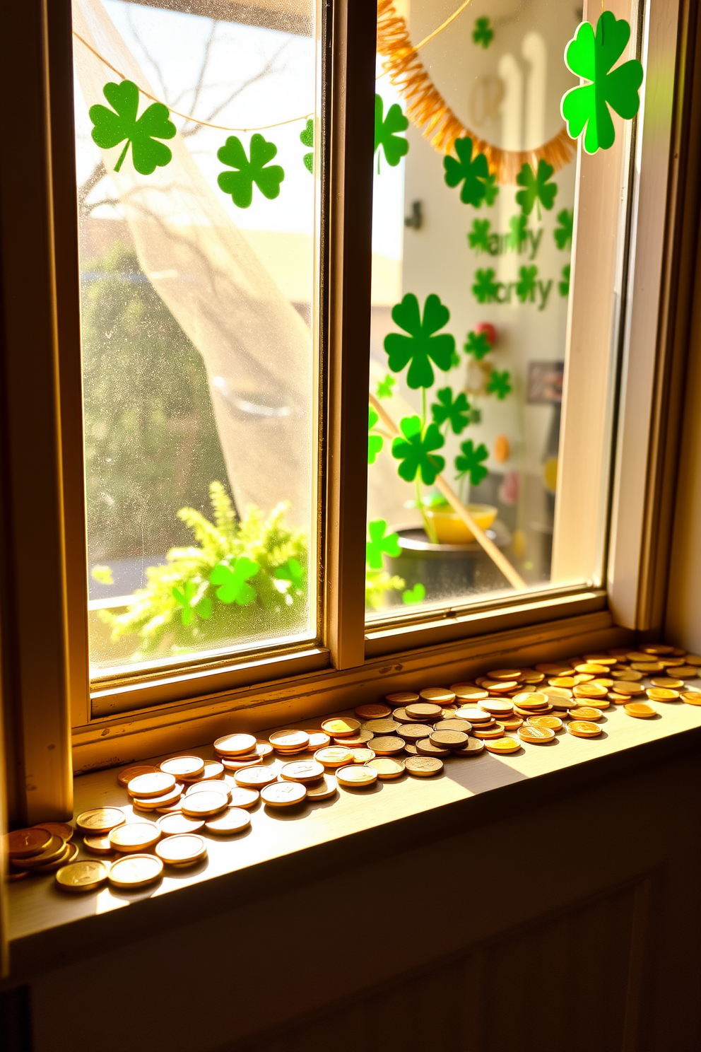 A charming window sill adorned with scattered gold coins, reflecting the warm sunlight. The backdrop features a festive St. Patrick's Day theme with green shamrocks and cheerful decorations.