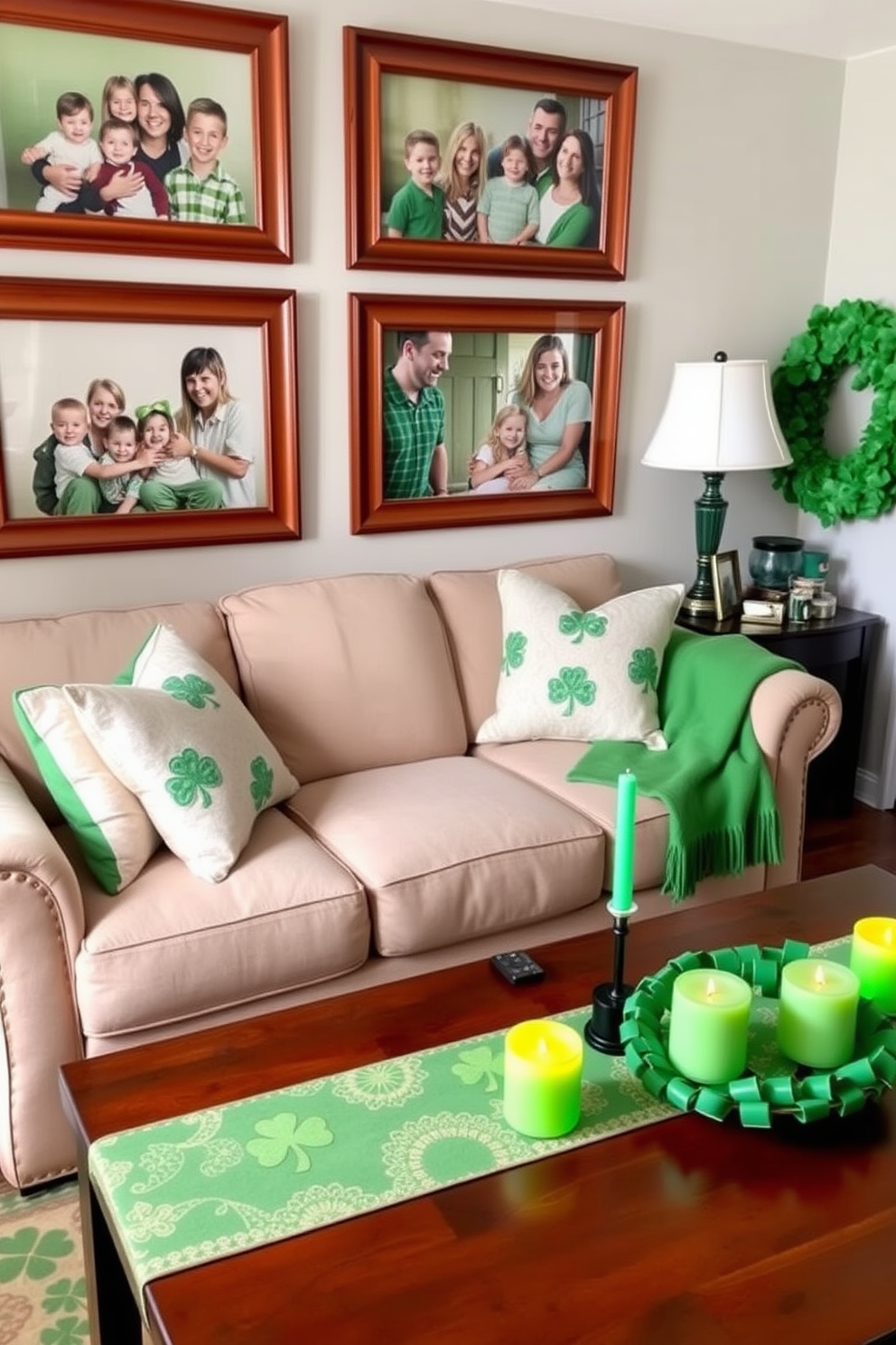 Framed family photos with green accents adorn the walls of a cozy living room. The photos feature warm wooden frames, and the green accents are incorporated through decorative pillows and a vibrant throw blanket on the sofa. For St. Patrick's Day decorating ideas, the room is filled with cheerful green decor elements. Shamrock-patterned table runners and green-hued candles create a festive atmosphere, while a wreath made of faux clovers hangs on the front door.