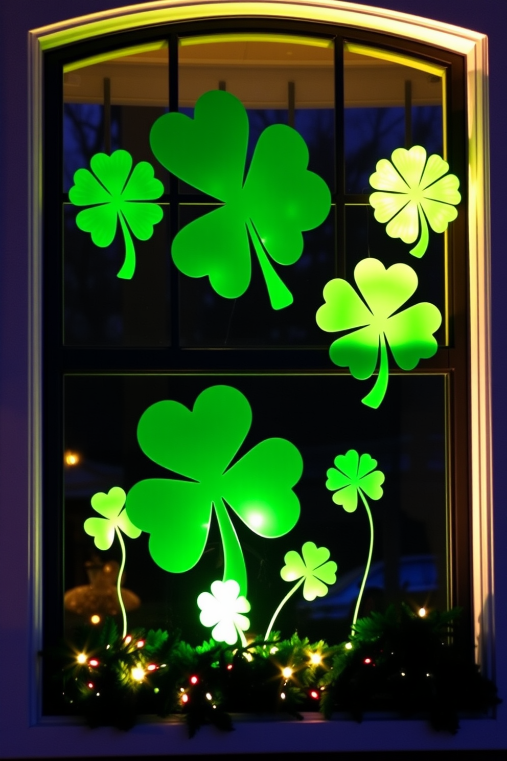 A charming St. Patrick's Day themed interior featuring stained glass shamrock window clings that add a festive touch to the space. The window displays vibrant green and gold colors, creating a warm and inviting atmosphere for the holiday celebration.