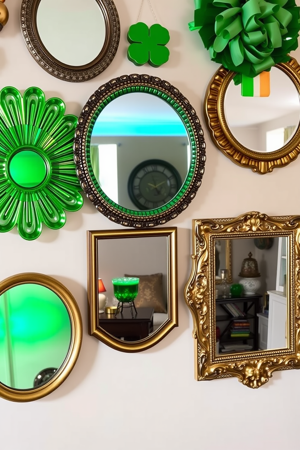 A collection of decorative mirrors adorned with vibrant festive colors creates a lively atmosphere in the room. Each mirror captures the essence of St. Patrick's Day, reflecting shades of green, gold, and hints of rainbow hues throughout the space.