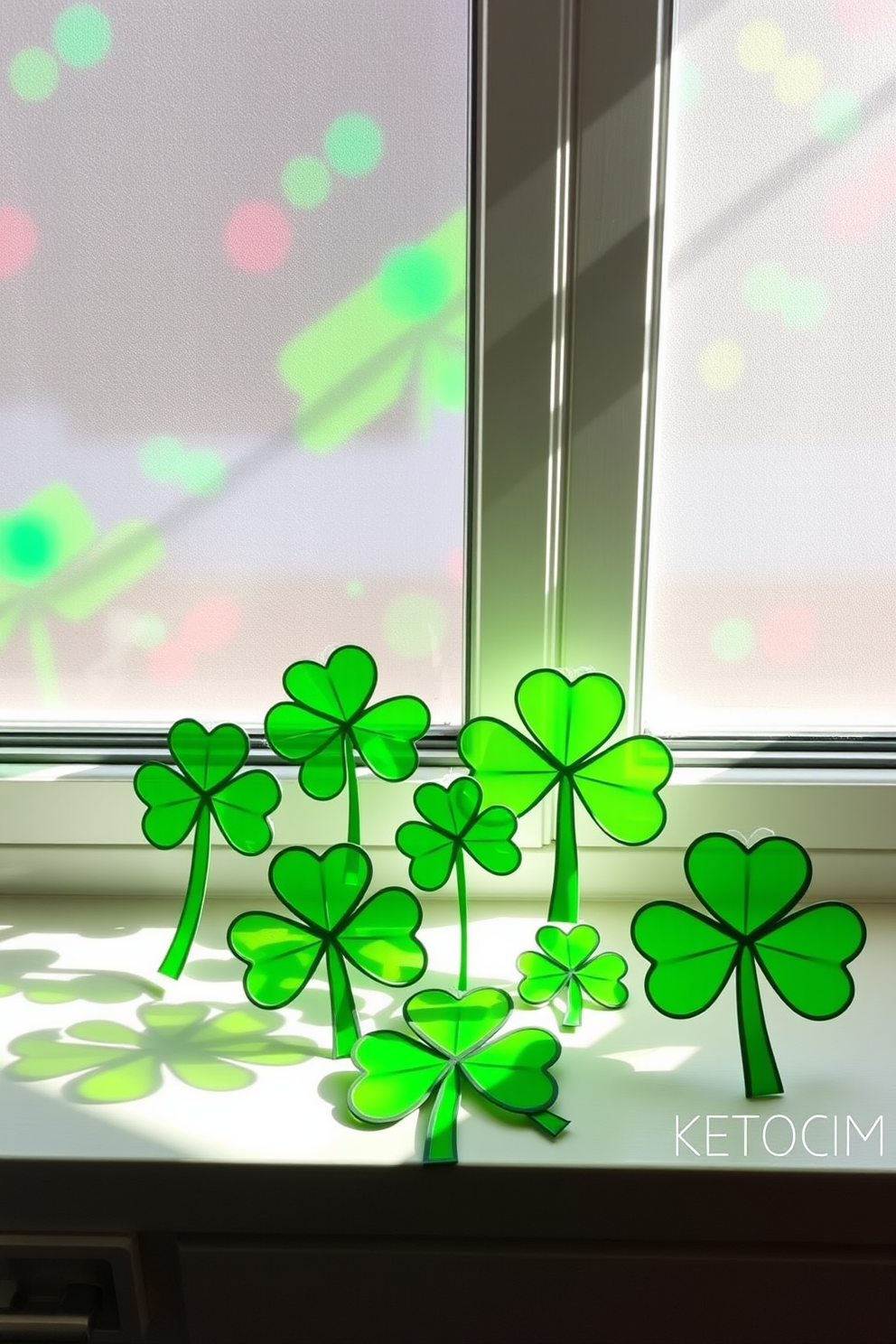 A charming display of DIY shamrock suncatchers is arranged on a bright windowsill, casting colorful light patterns across the room. Each suncatcher is made from vibrant green materials, creating a festive atmosphere perfect for St. Patrick's Day celebrations.